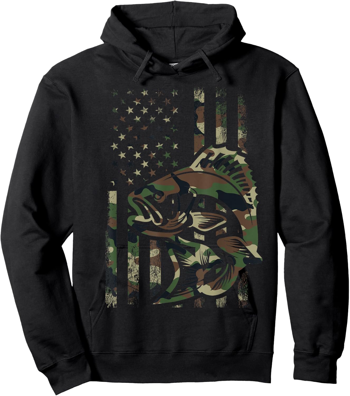 Camo Fishing Men Boys American Flag Bass Fishing Hoodie - Hoodie | Black