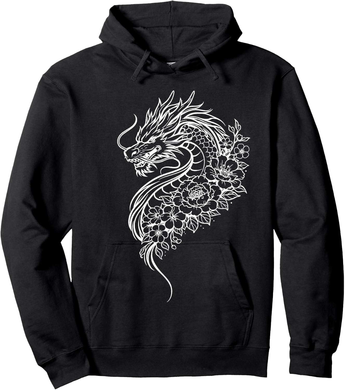 Dragon Flowers Line Art Minimalist White Splash Hoodie - Hoodie | Black