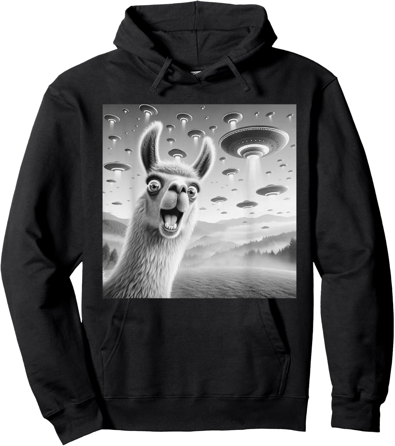 Llama Selfie UFO alien surprised Llama Hoodie - Hoodie | Black