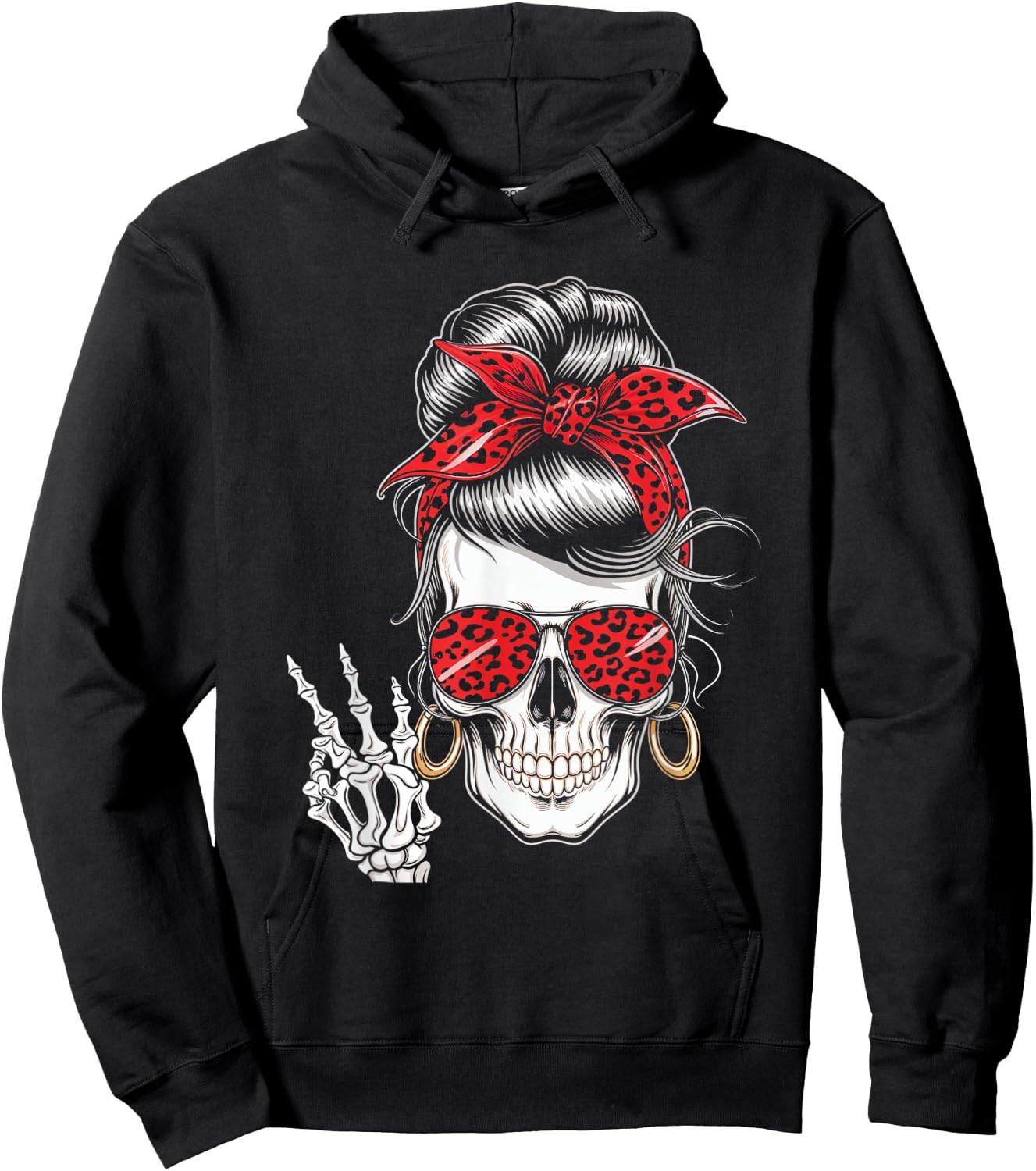 Messy Bun Skeleton Skull Leopard Bandana Fashion Hoodie - Hoodie | Black