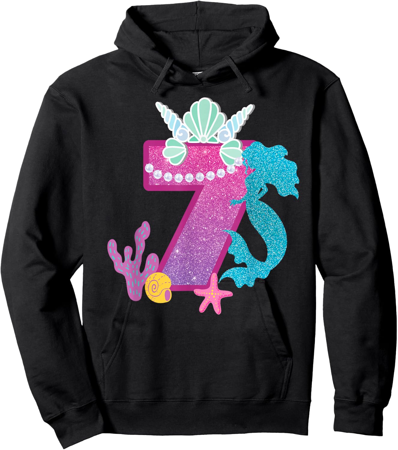 7th Birthday Shirt Under the Sea Party Mermaid Shells Shirt Hoodie - Hoodie | Black