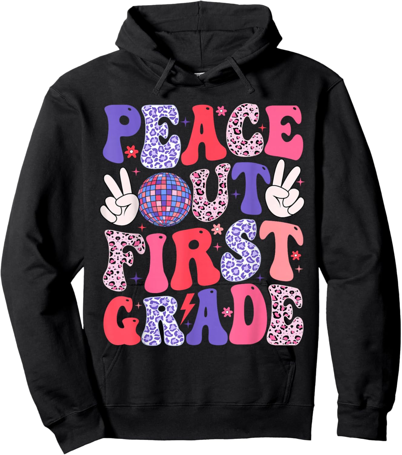 Peace Out First Grade Happy Last Day Of School Groovy Retro Hoodie - Hoodie | Black