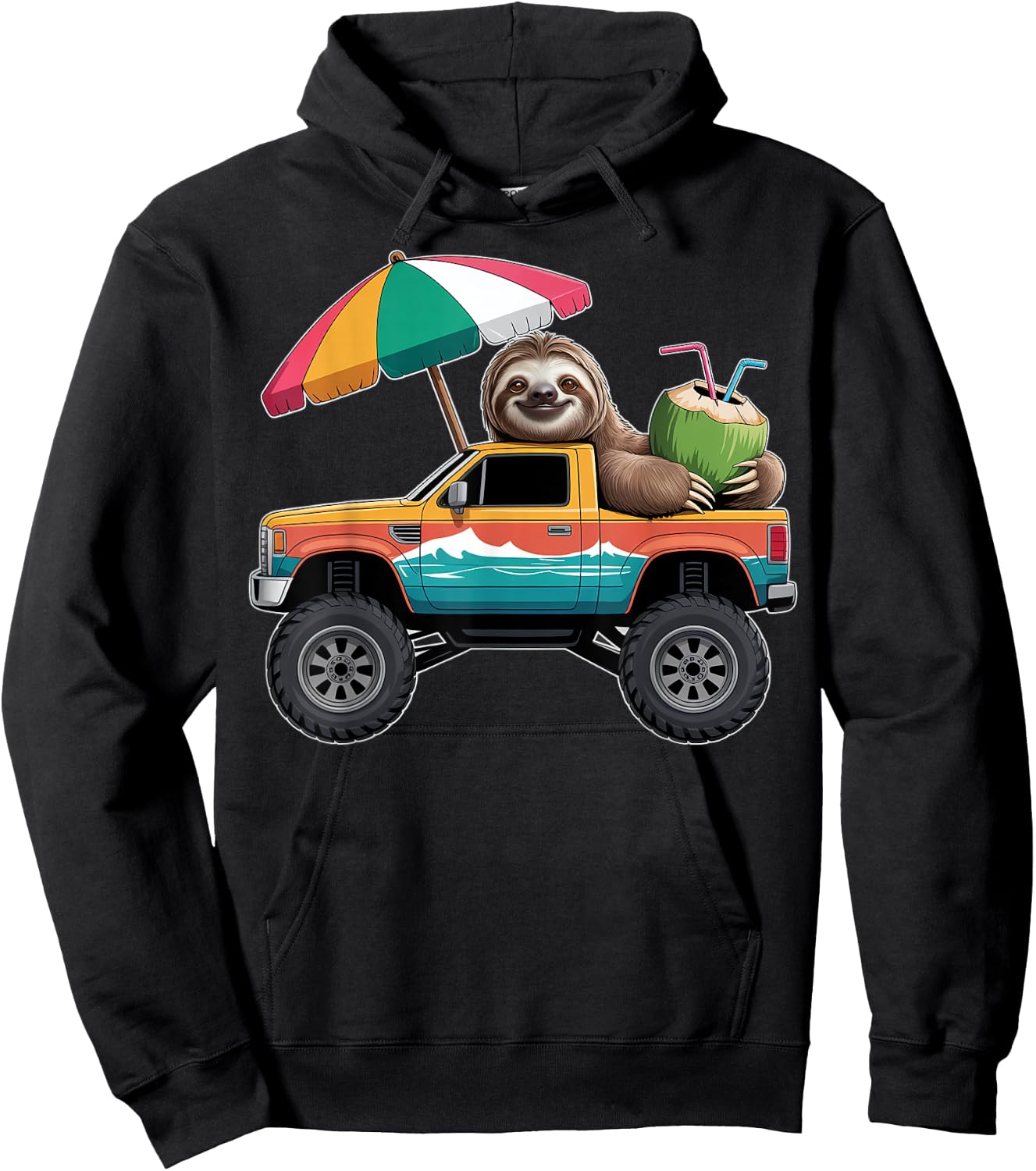 Cute Sloth Monster Truck with Coconut Hoodie - Hoodie | Black