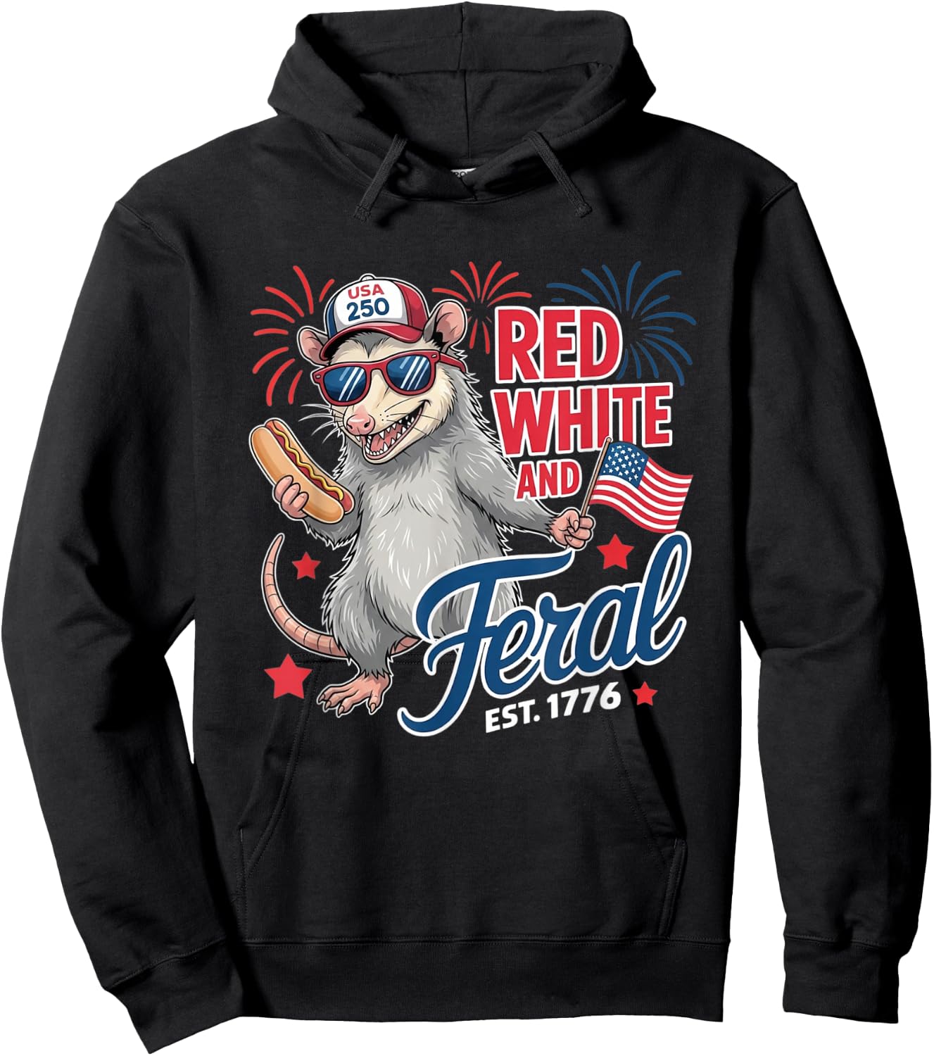Red White and Feral USA Possum 4th of July Merica Men Kids Hoodie - Hoodie | Black