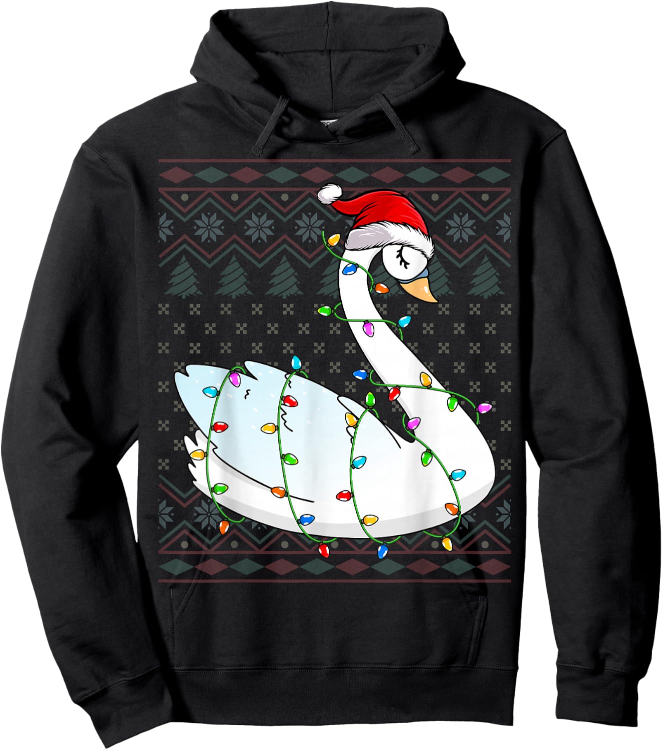 Swans Xmas Lighting Santa Hat Swans Lover Ugly Christmas Hoodie - Hoodie | Black