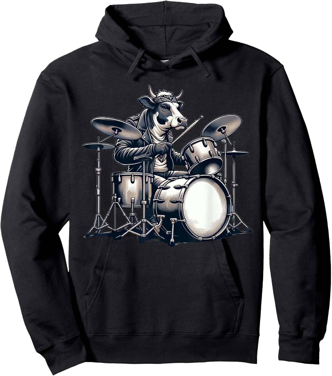 Cute Cow Playing Drums Cows Drummer Music Hoodie - Hoodie | Black