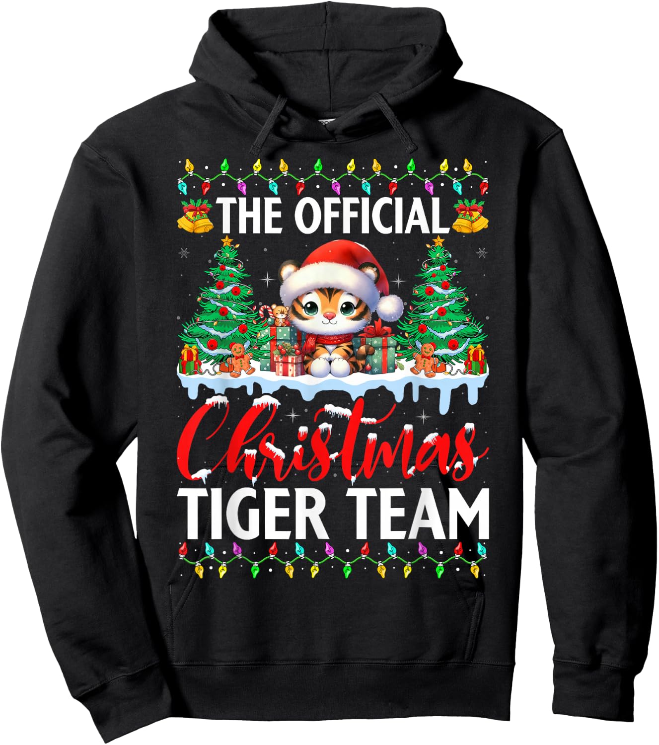 Cute Tiger Wearing Santa Hat Snow Xmas Christmas Tiger Team Hoodie - Hoodie | Black