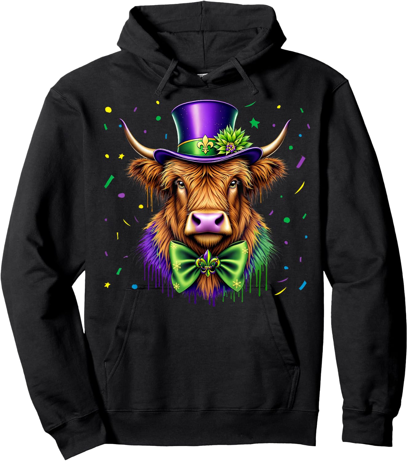 Mardi Gras Highland Cow Top Hat Mardi Gras Beads Bow Tie Hoodie - Hoodie | Black