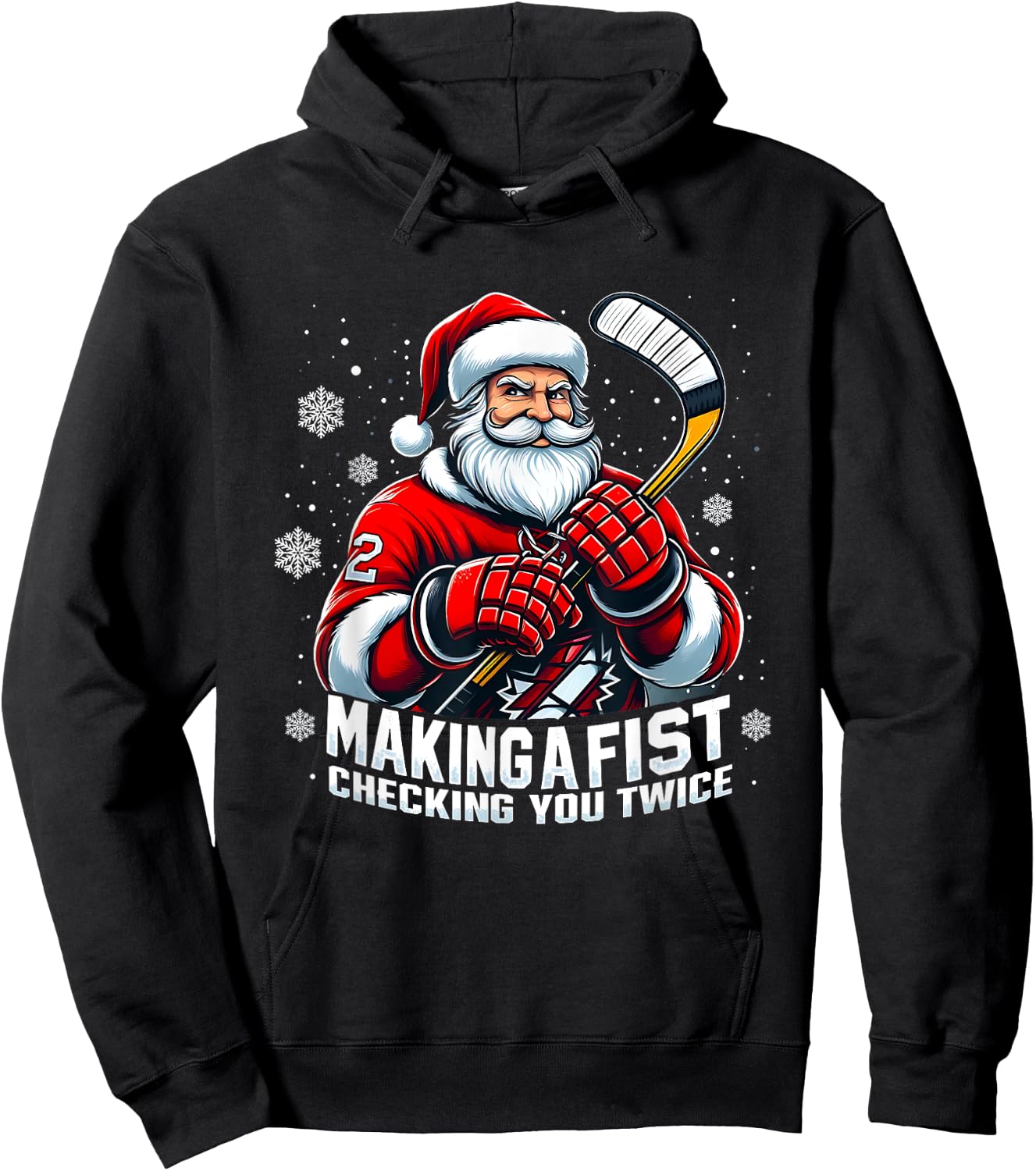 Xmas Santa Hockey Players Making A Fist Checking Your Twice Hoodie - Hoodie | Black