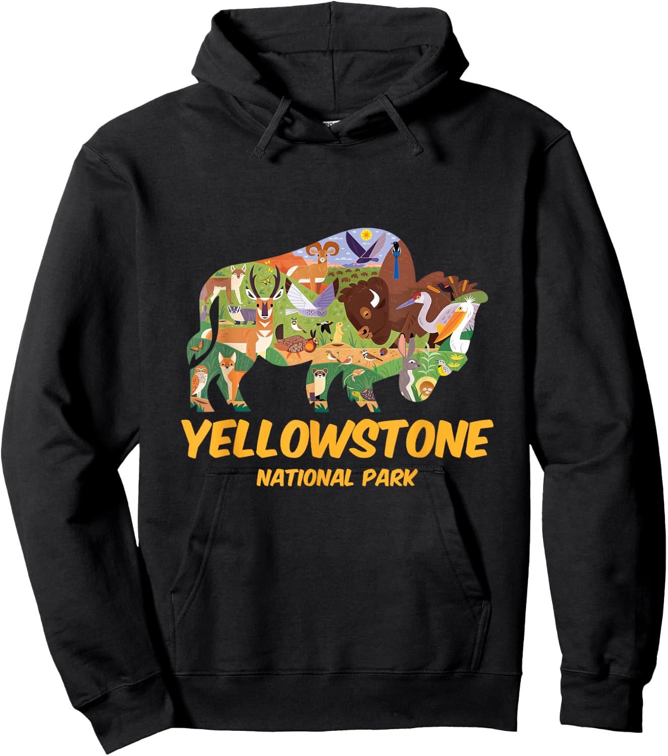 Yellowstone Animals Inside Bison Buffalo Silhouette Cartoon Hoodie - Hoodie | Black