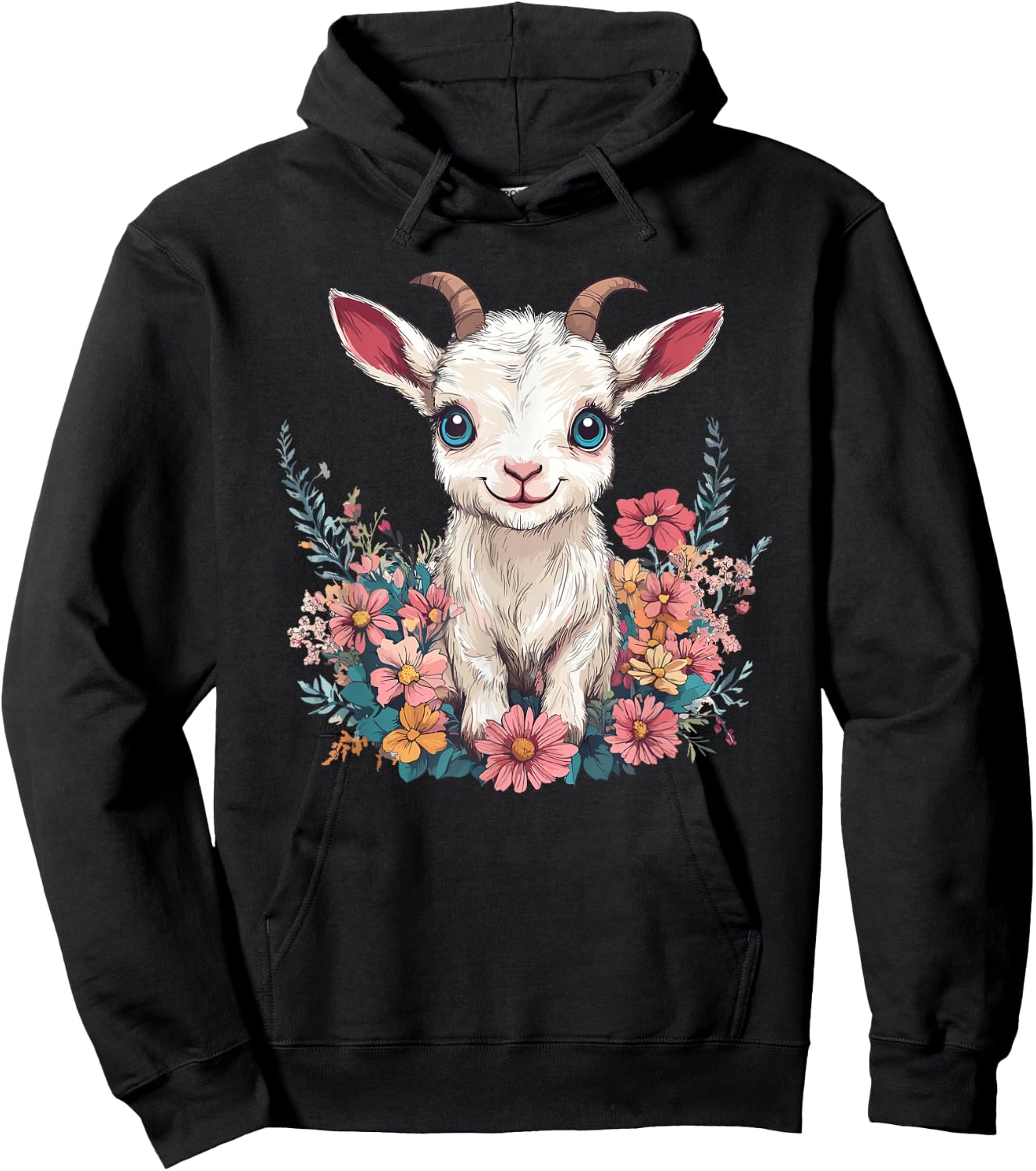 Adorable Baby Goat Surrounded By Flowers Hoodie - Hoodie | Black