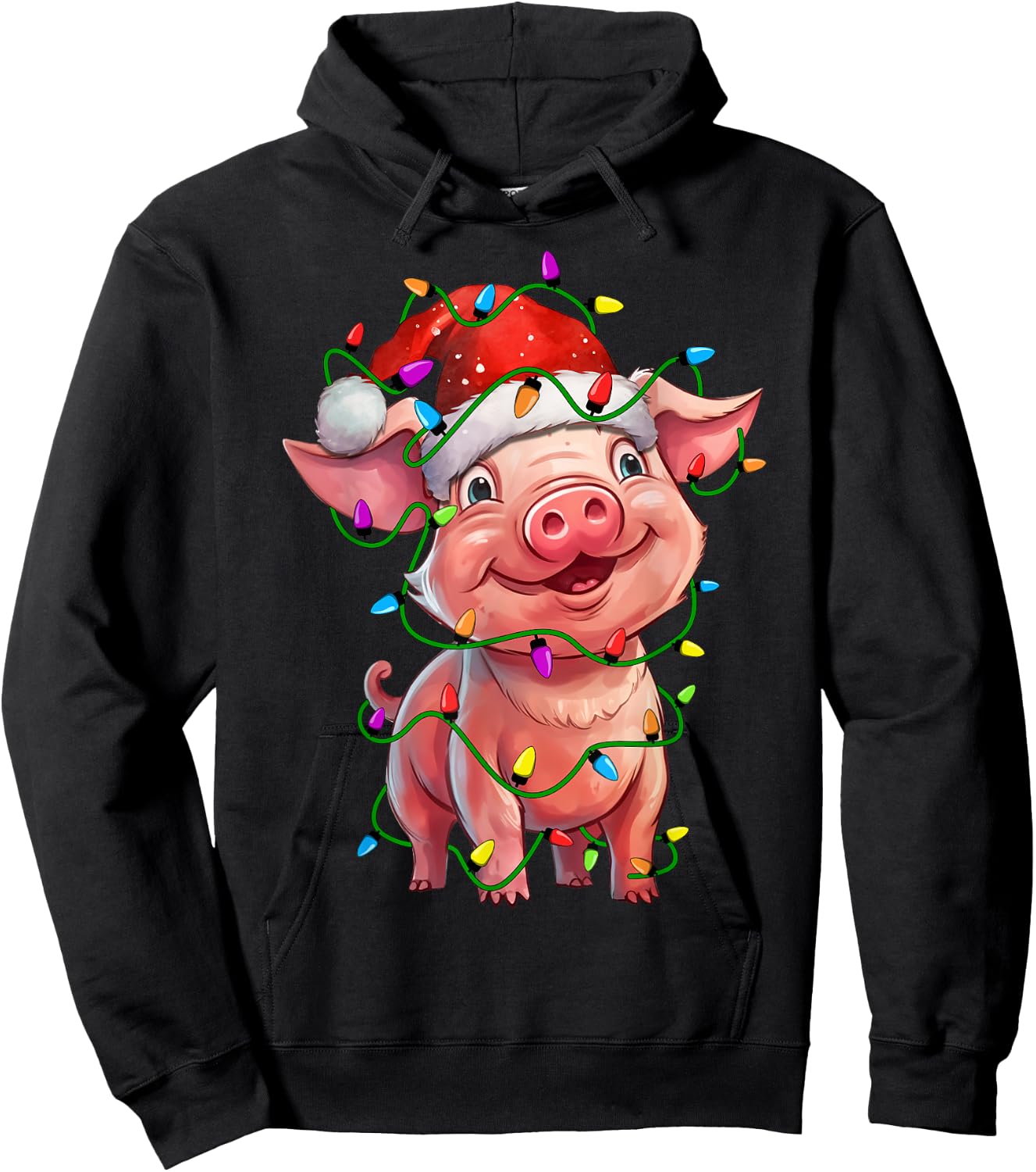 Pig Santa Christmas Tree Lighting Xmas Funny Hoodie - Hoodie | Black