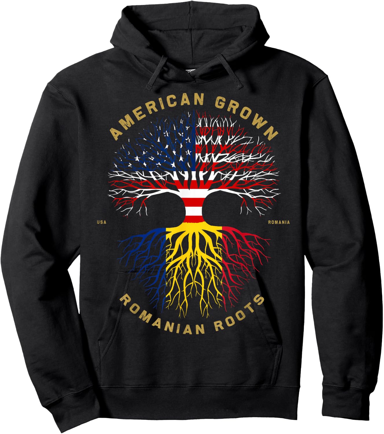 American Grown with Romanian Roots Tree USA Flag Gift Hoodie - Hoodie | Black