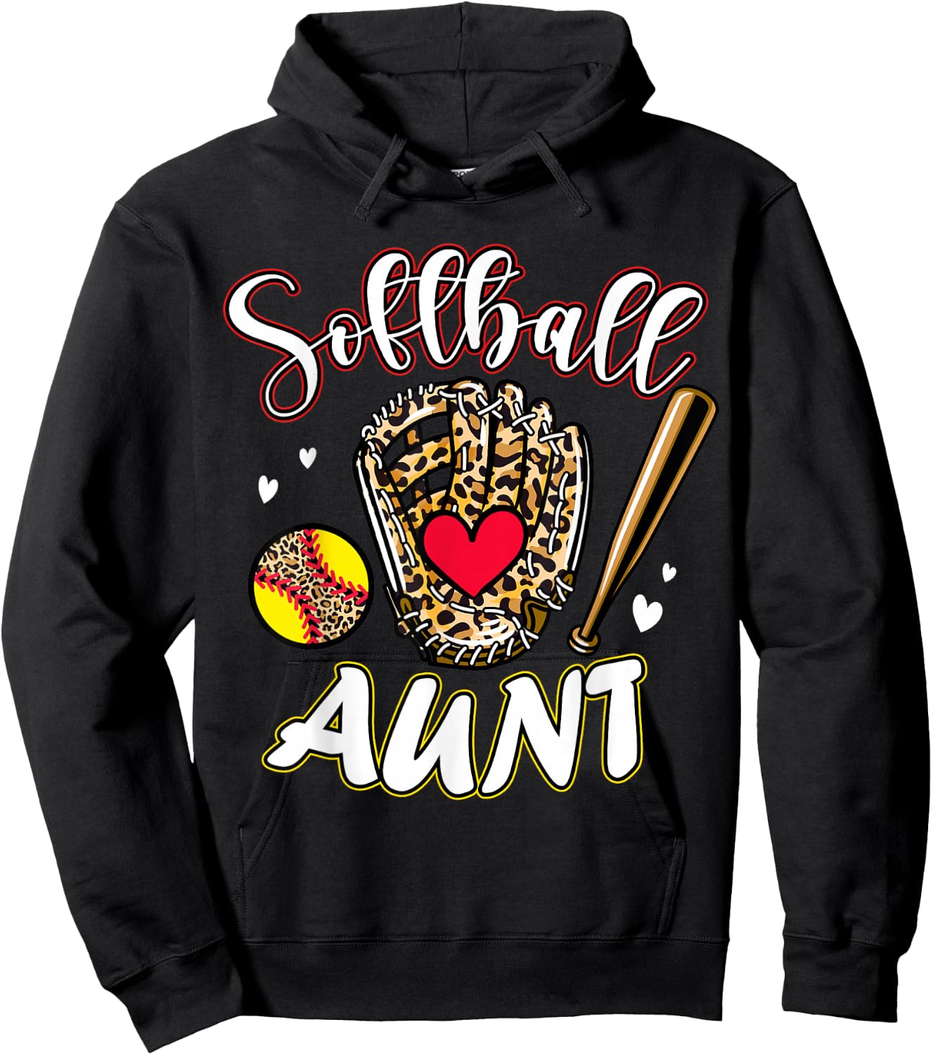 Softball Aunt Leopard Game Day Softball Cute Matching Family Hoodie - Hoodie | Black
