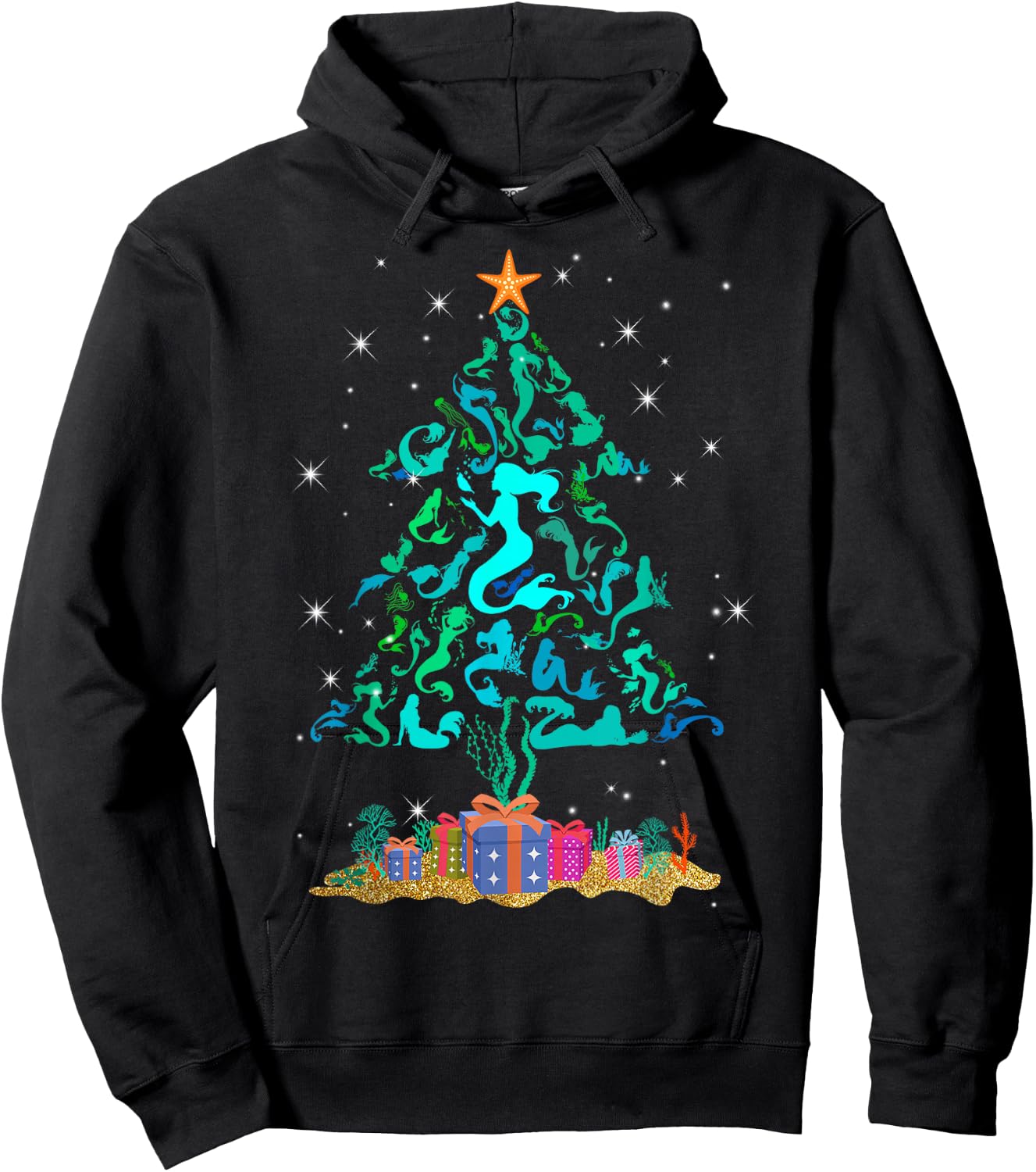Retro Mermaid Christmas Tree Funny Mermaid Xmas Hoodie - Hoodie | Black