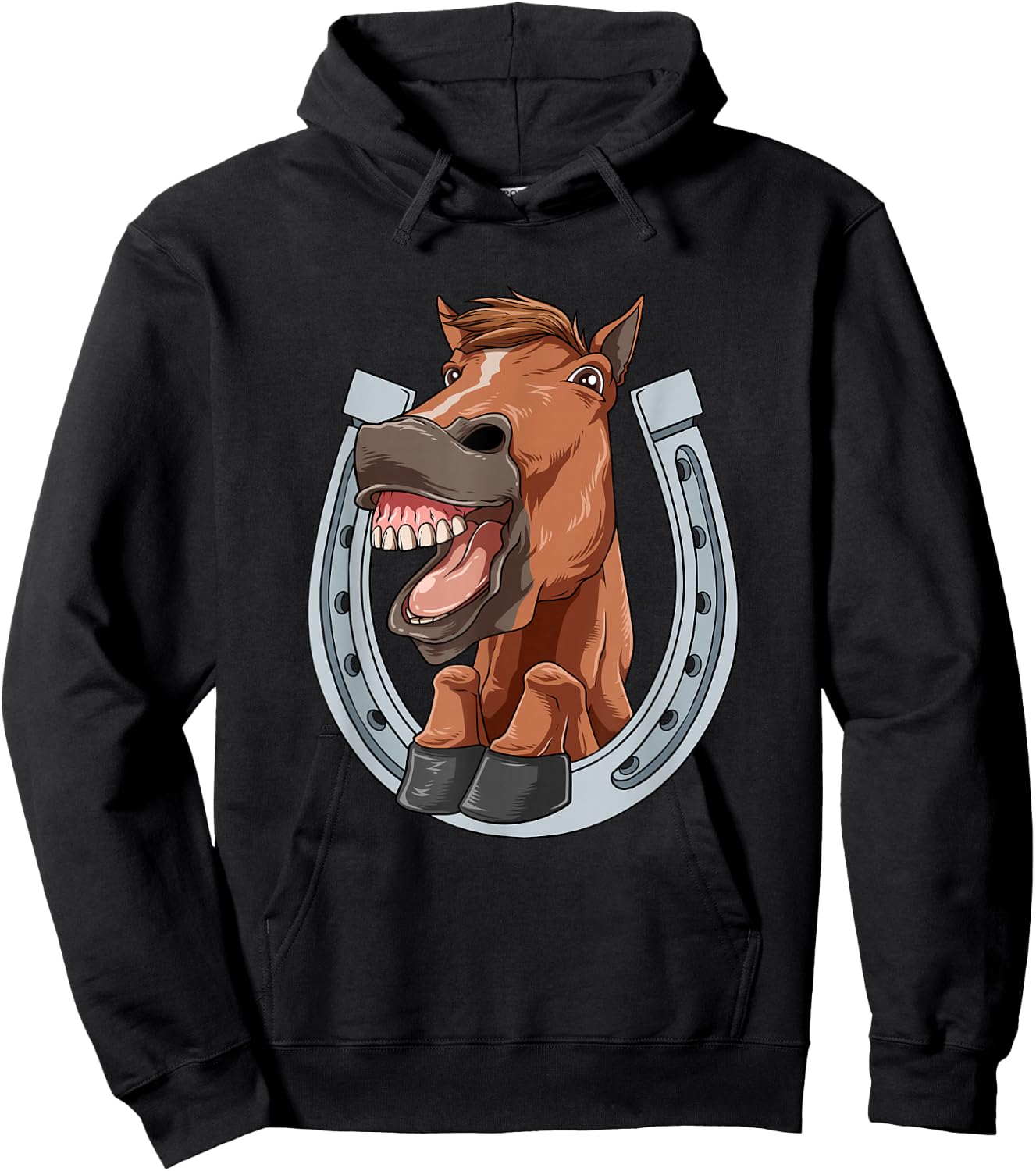 Horse Laughs and Shows Teeth with Horseshoe Hoodie - Hoodie | Black