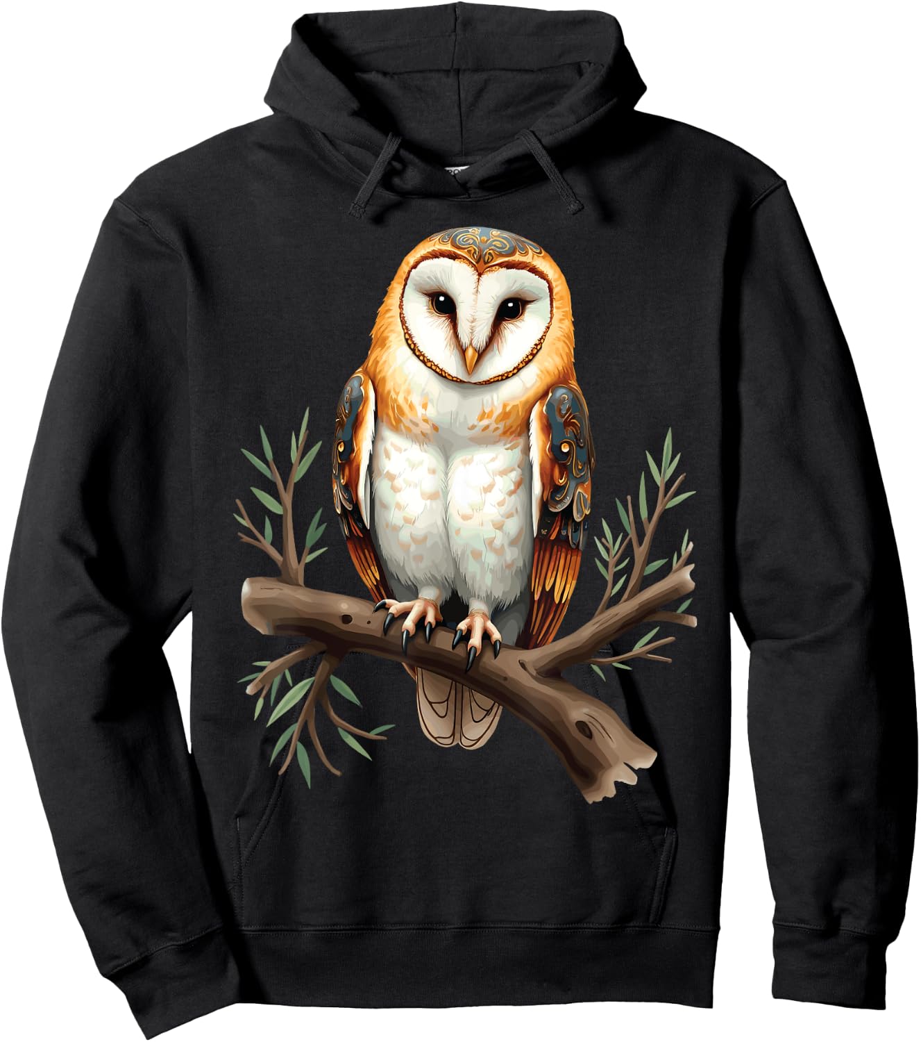 Perched Owl, Owl Illustration Hoodie - Hoodie | Black