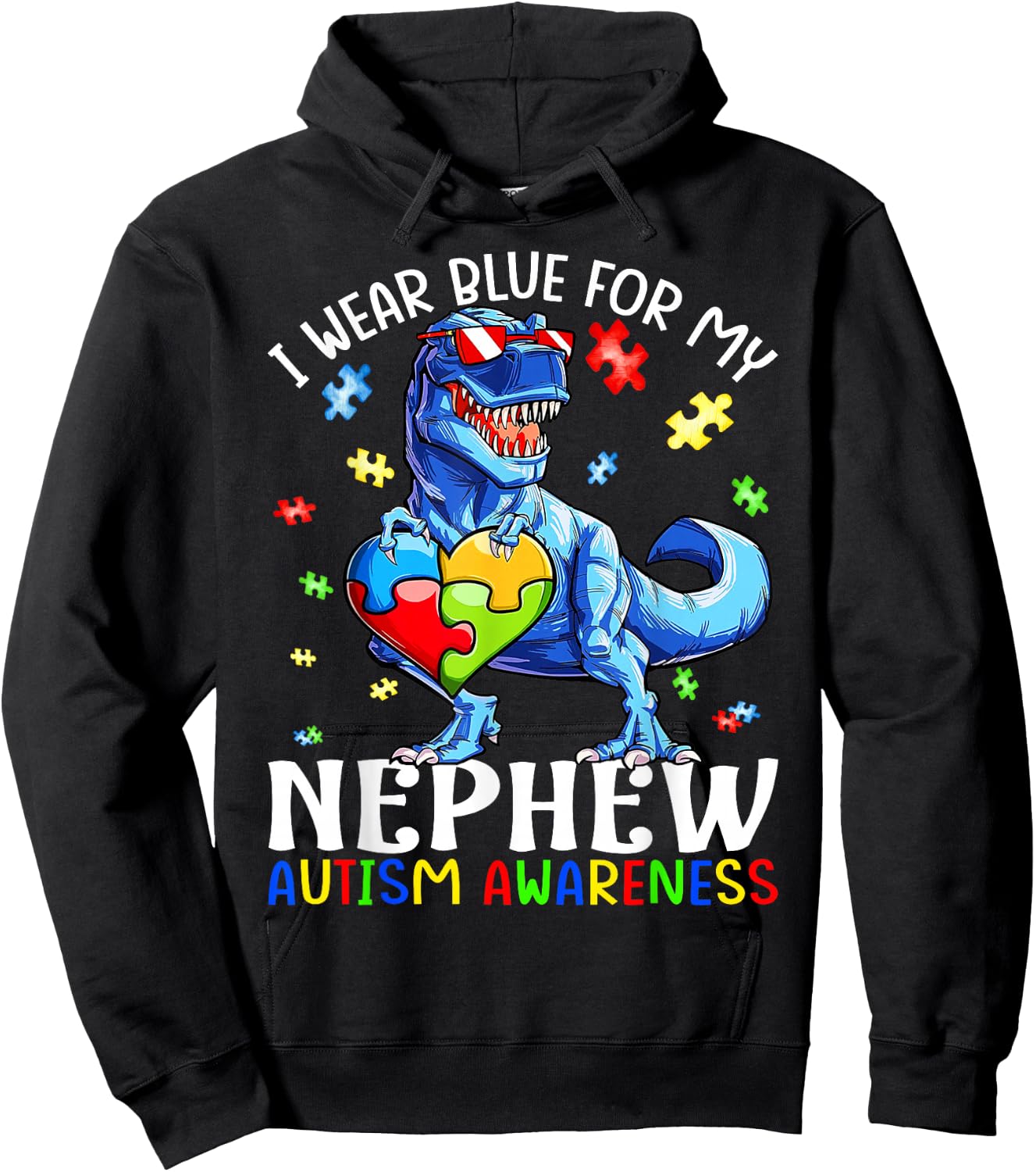 I Wear Blue For My Nephew Autism Awareness Dinosaur T Rex Hoodie - Hoodie | Black