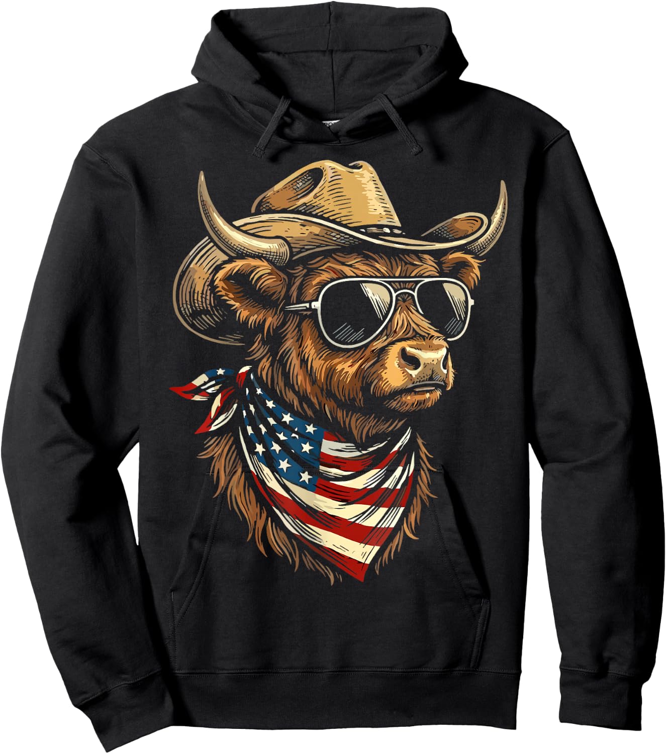 USA Patriotic Cowboy Highland Cow Western 4th of July Hoodie - Hoodie | Black