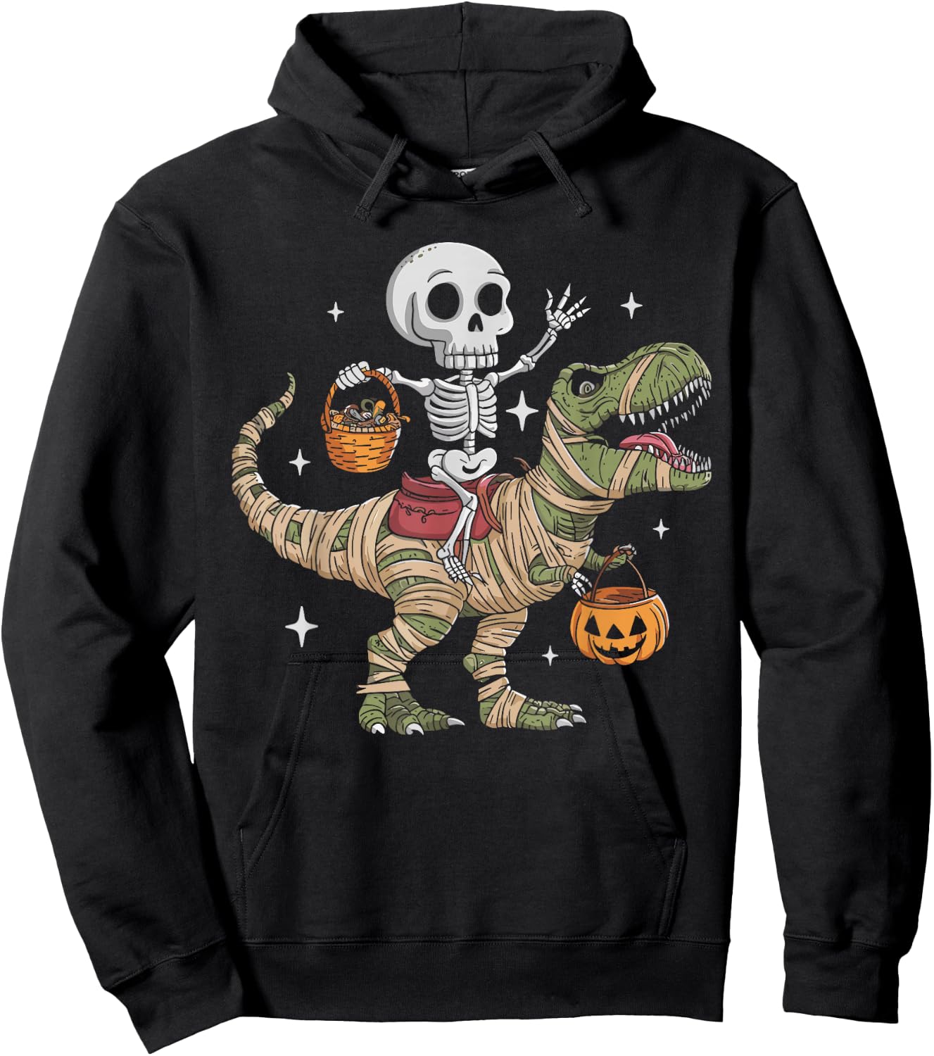 Skeleton Riding Mummy Dinosaur T Rex Pumpkin Happy Halloween Hoodie - Hoodie | Black
