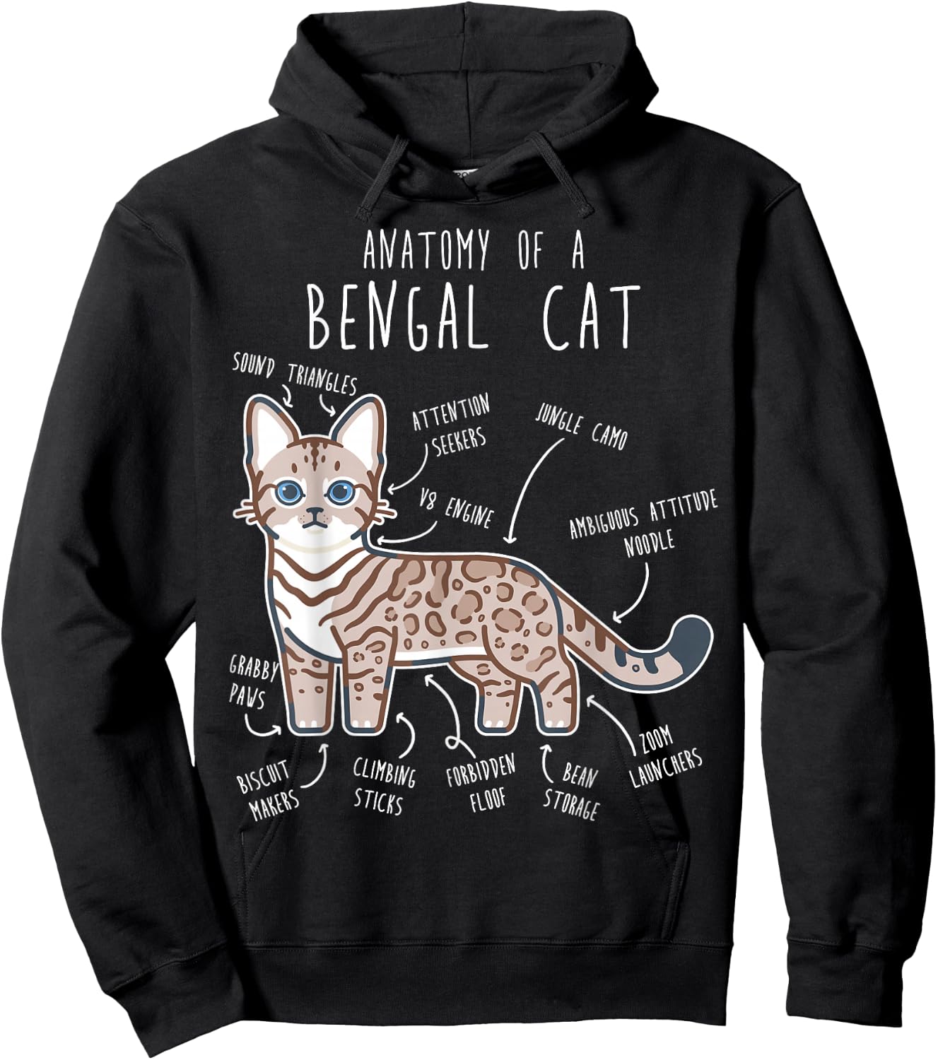 Snow Bengal Cat Seal Lynx Anatomy, Funny Cute Pet Mom Dad Men Women Girls Kids Hoodie - Hoodie | Black