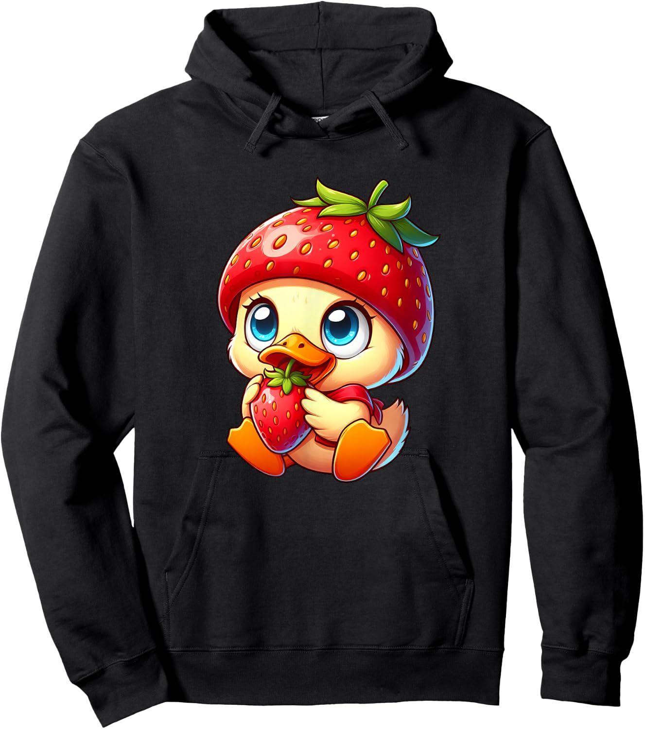 Cute Cartoon Duck Strawberry Fruit Whimsical Hoodie - Hoodie | Black