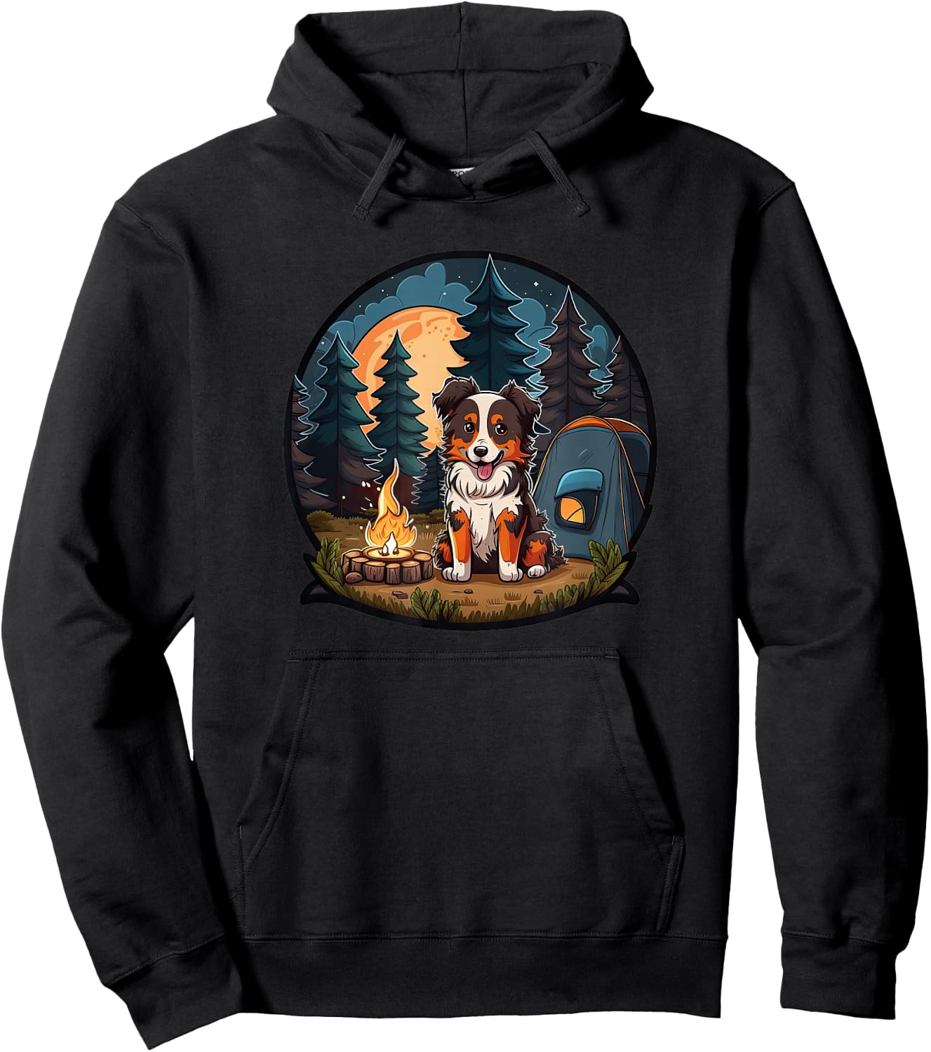 Cute Aussie Dog Camping in the Forest: Australian Shepherd Hoodie - Hoodie | Black