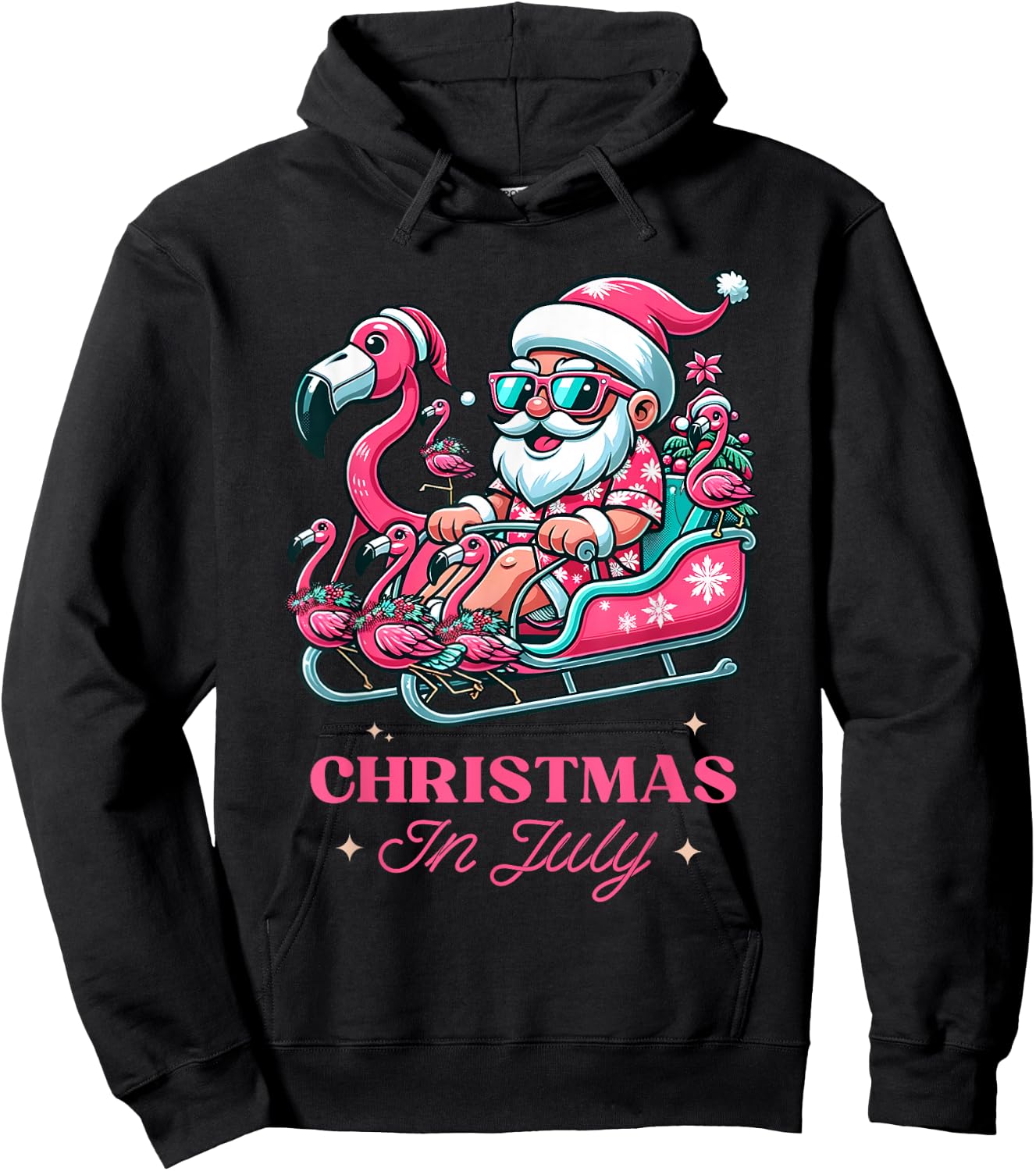 Funny Christmas in July Summer Santa Flamingo Sleigh Xmas Hoodie - Hoodie | Black