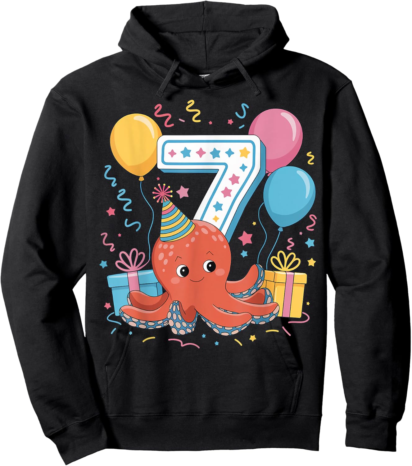 Octopus 7th birthday boy girl 7 years old seventh Octopus Hoodie - Hoodie | Black