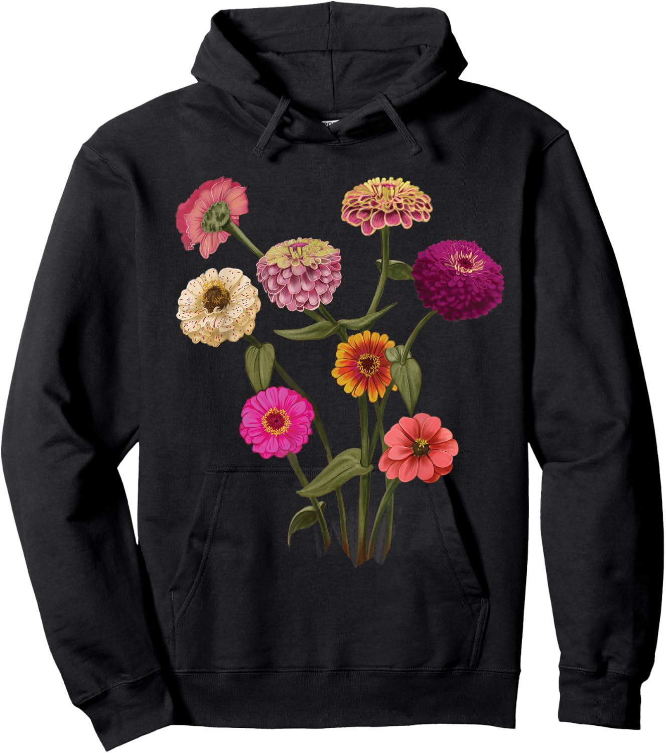 Happy Zinnia Wildflowers, Handpainted Style Graphic Hoodie - Hoodie | Black