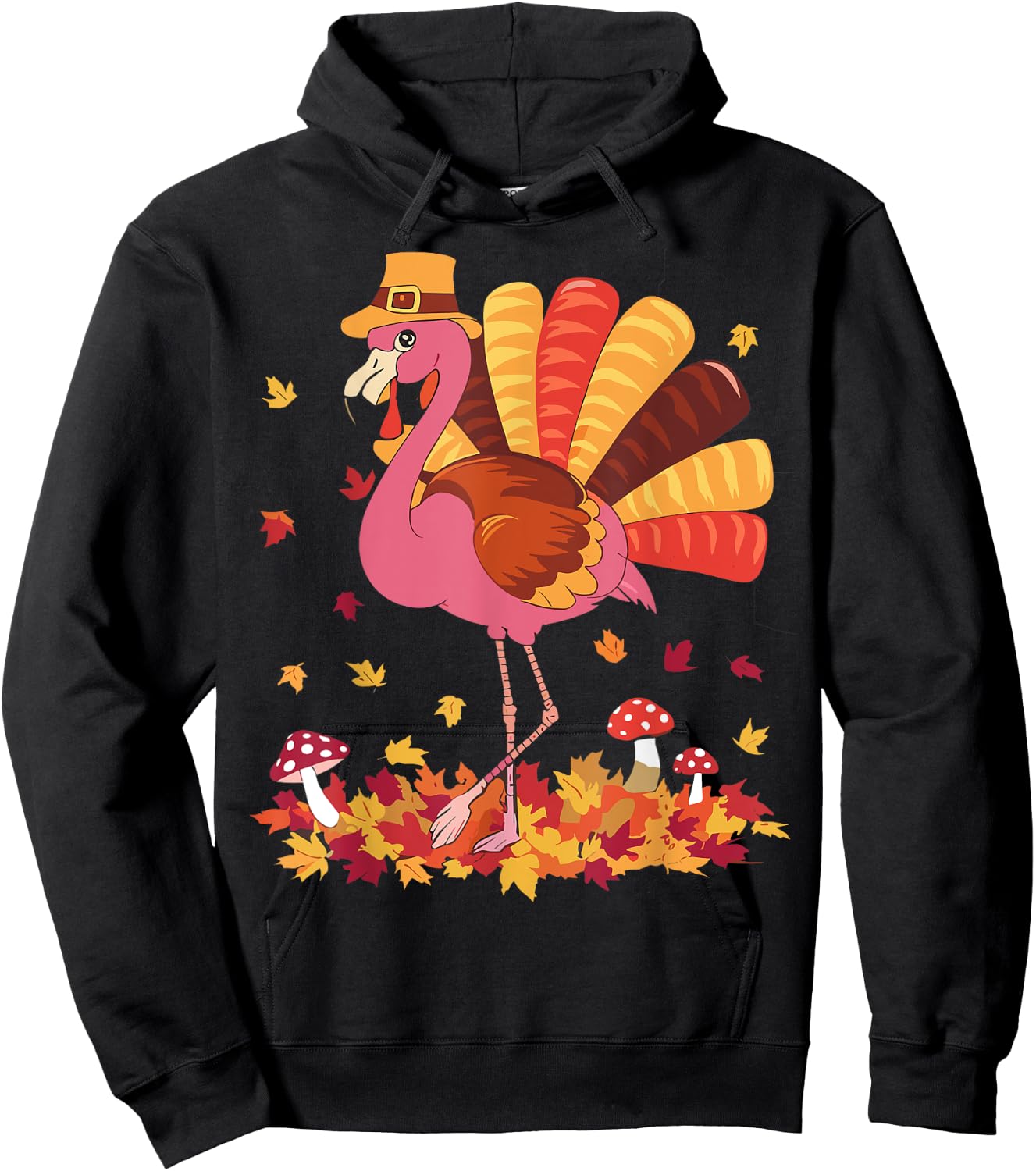 Flamingo Turkey Cute Flamingo Turkey Fall Leaf Thanksgiving Hoodie - Hoodie | Black