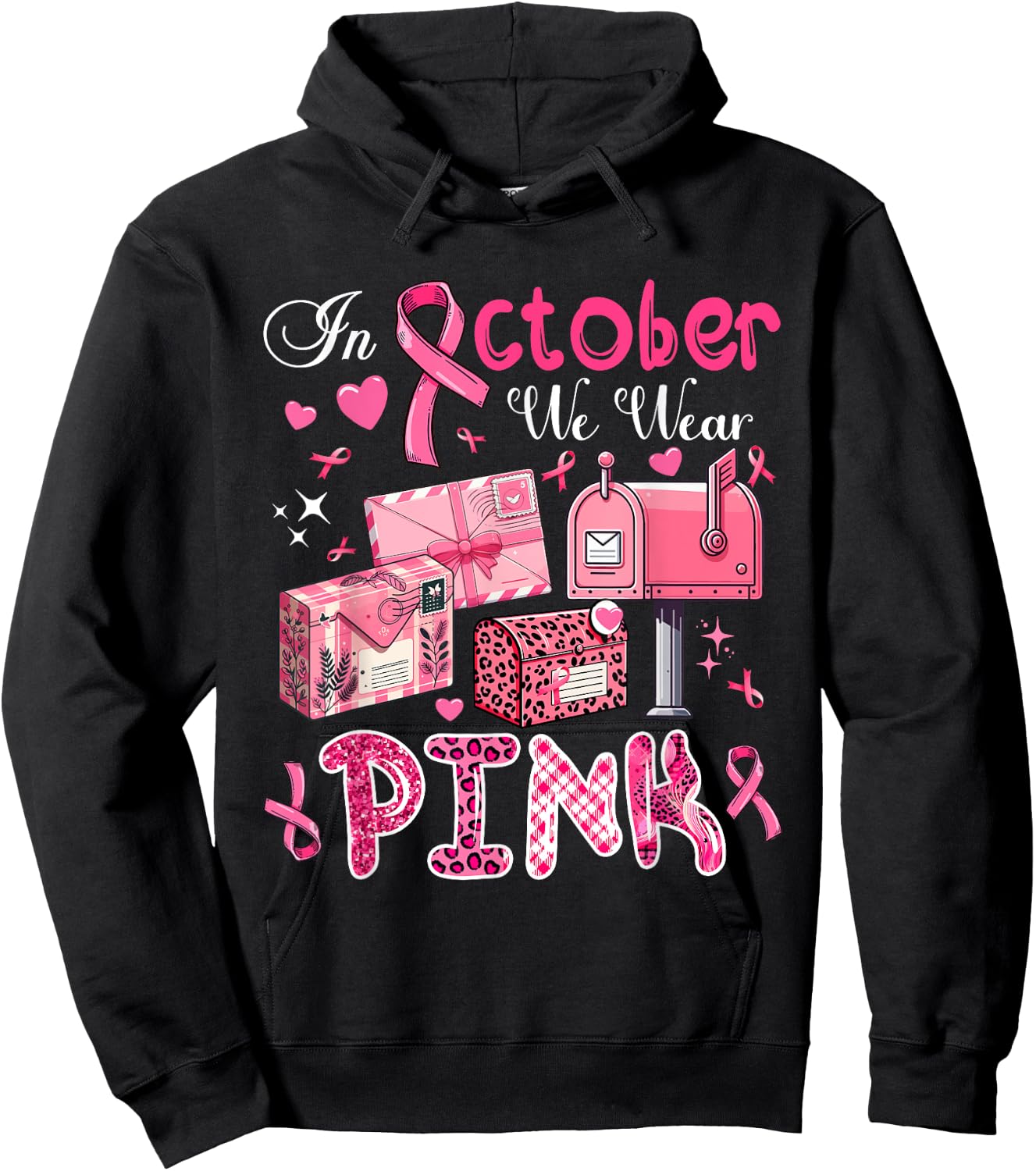 October We Wear Pink Breast Cancer Awareness Postal Worker Hoodie - Hoodie | Black