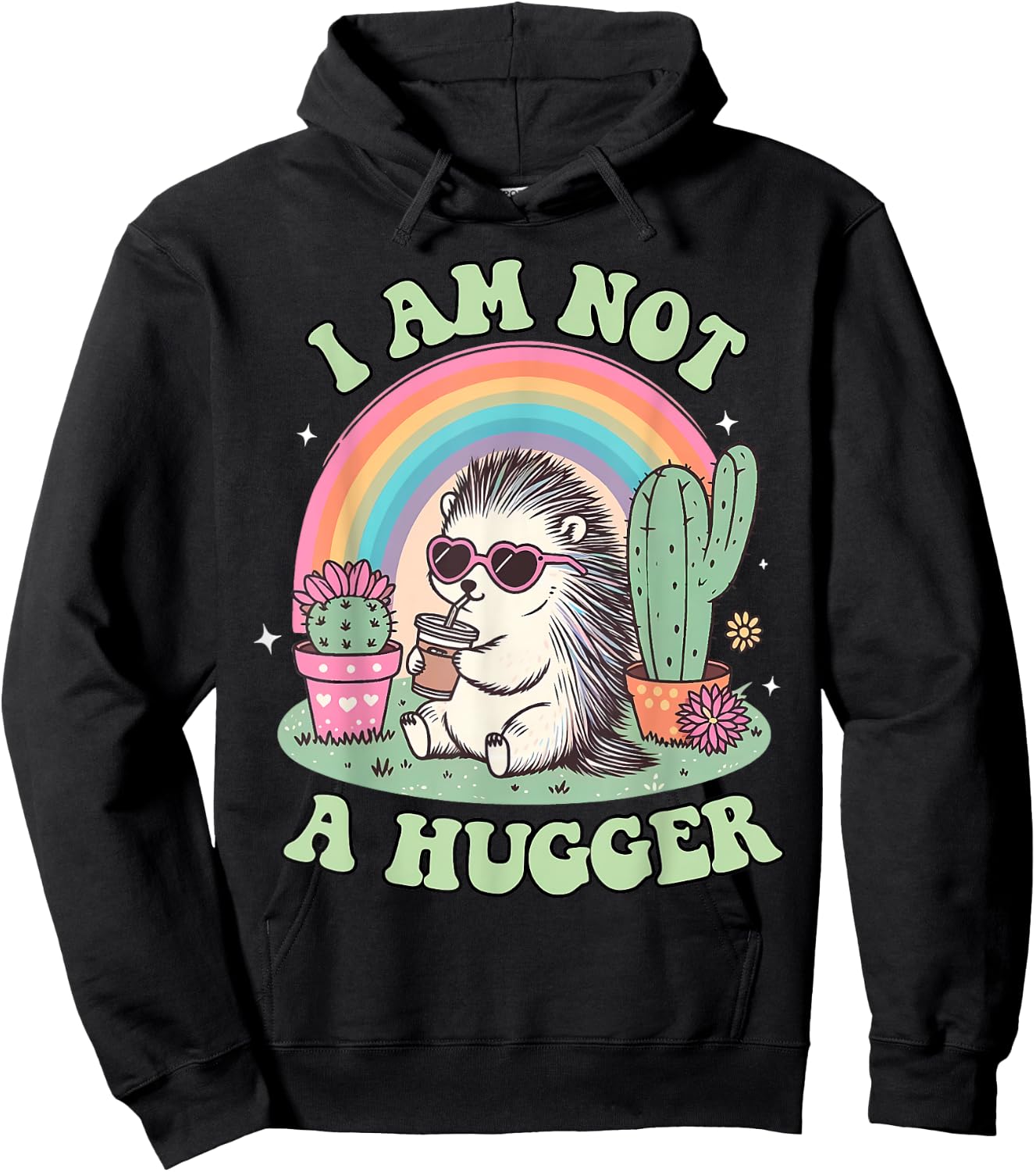 I Am Not A Hugger Funny Cactus Avoid Hugs Hedgehog Anxiety Hoodie - Hoodie | Black