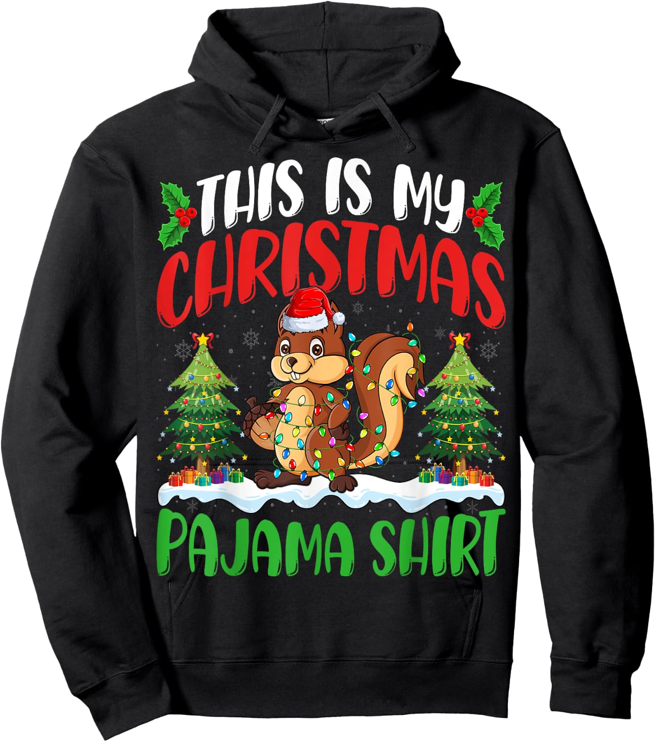 Squirrel Christmas Pajama Shirt Squirrel Xmas Lights Tree Hoodie - Hoodie | Black