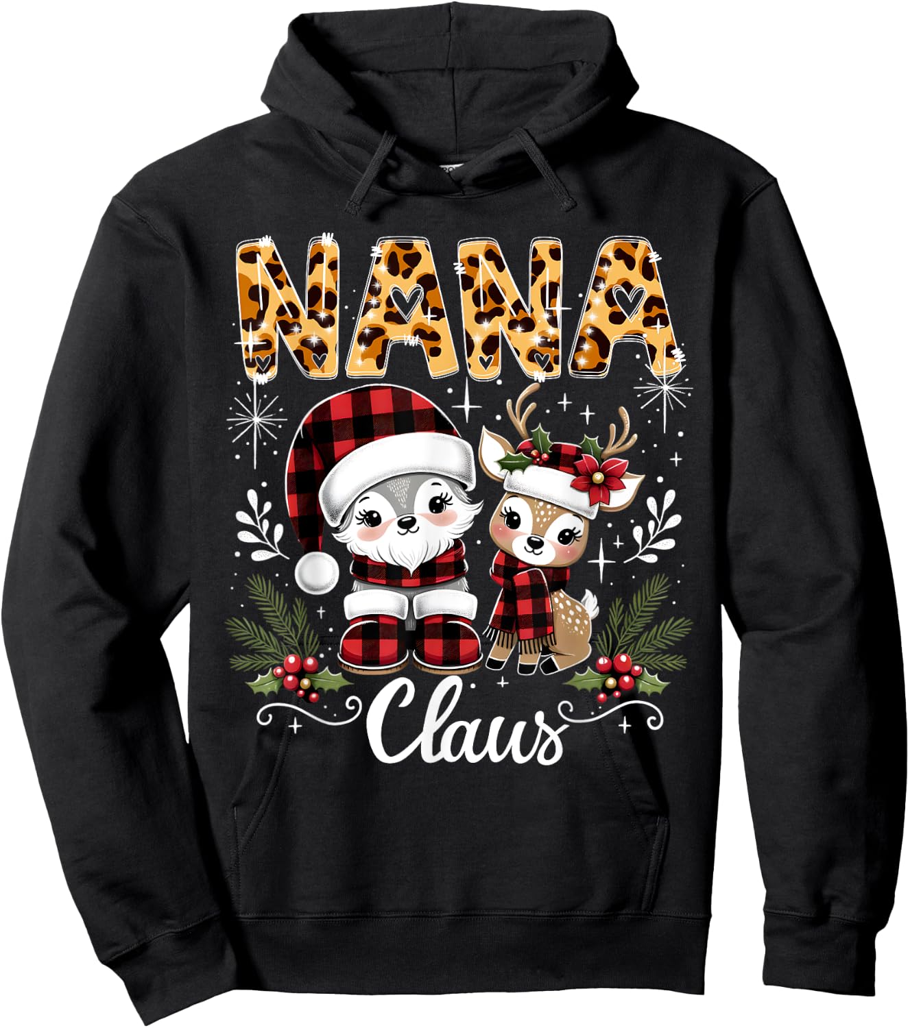 Christmas Nana Claus Grandma Leopard Buffalo Plaid Pjs Xmas Hoodie - Hoodie | Black