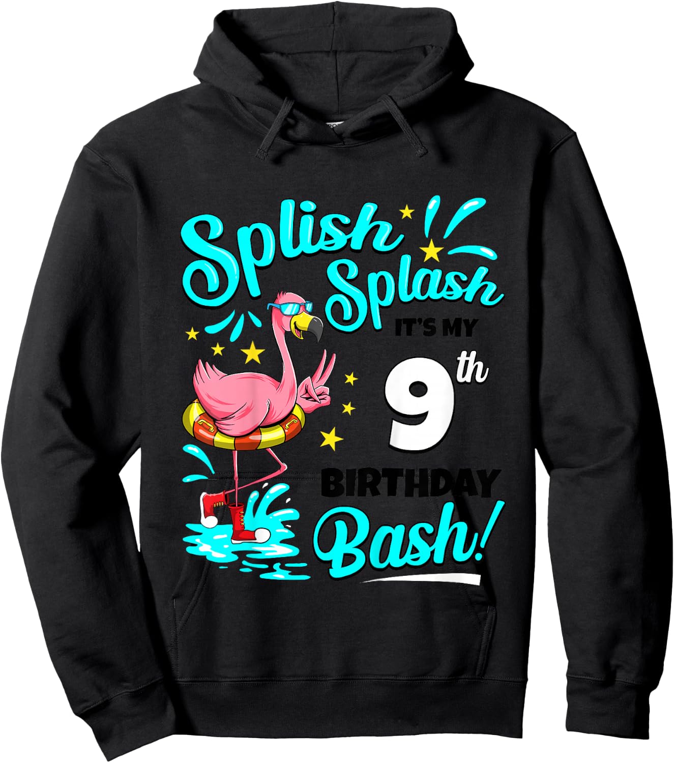 9th Birthday Flamingo 9 Years Old Pool Party Summer Hoodie - Hoodie | Black