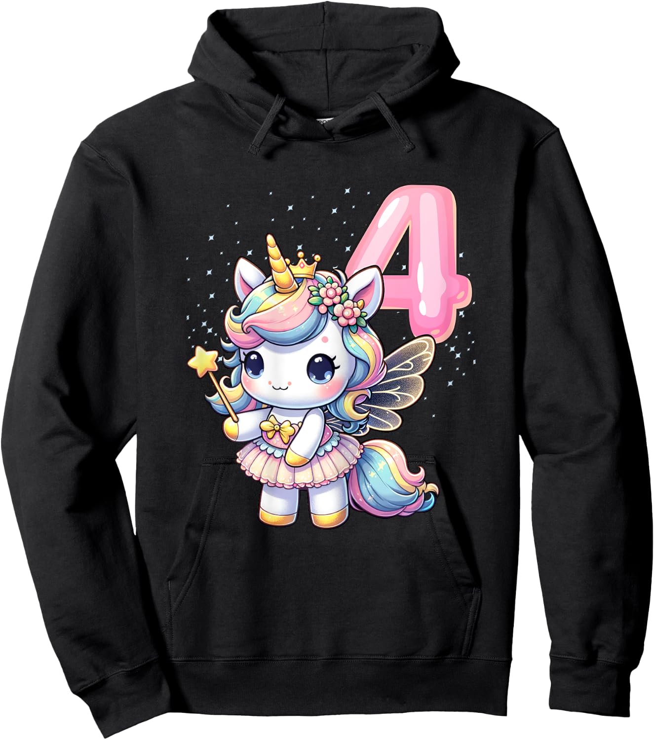Unicorn Fairy 4th Birthday 4 Year Old Party Girls Outfit Hoodie - Hoodie | Black