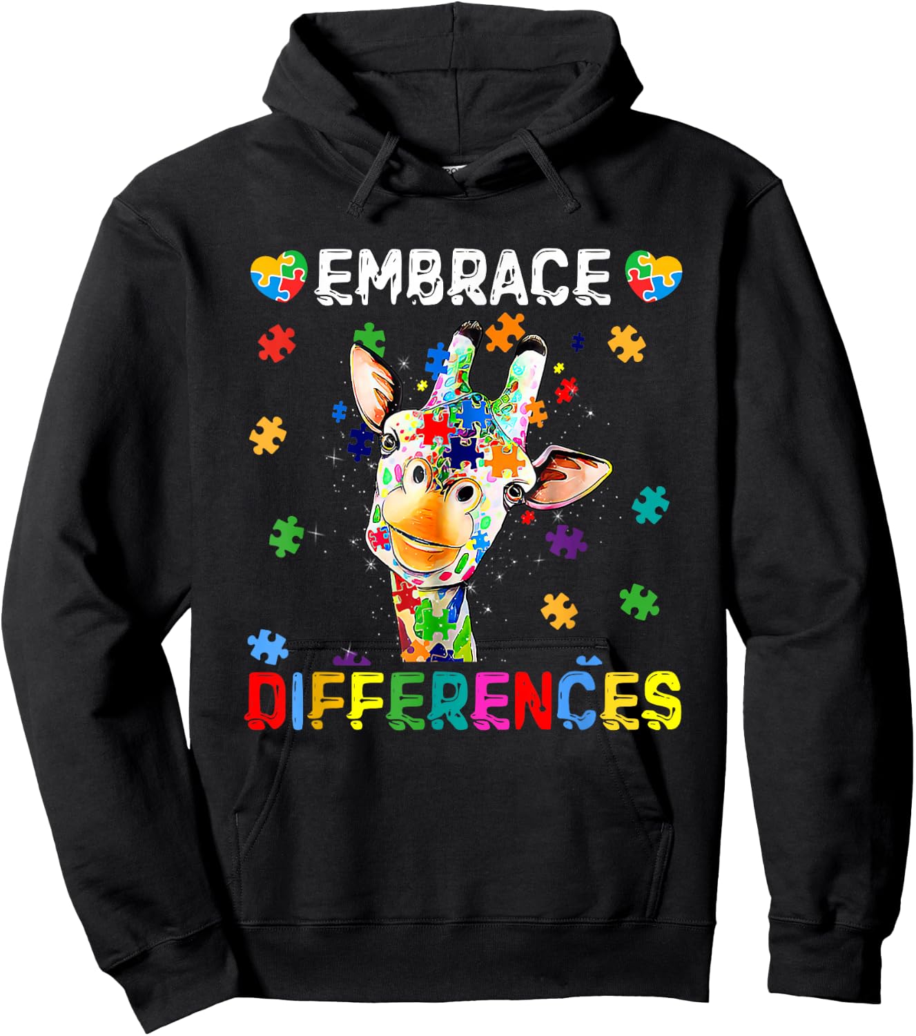 Giraffe Embrace Differences Puzzle Pieces Autism Awareness Hoodie - Hoodie | Black