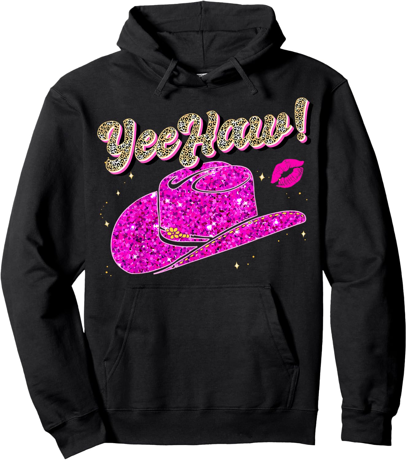 Yee Haw Howdy Pink Cowgirl Leopard Hat Yeehaw Women Girls Hoodie - Hoodie | Black