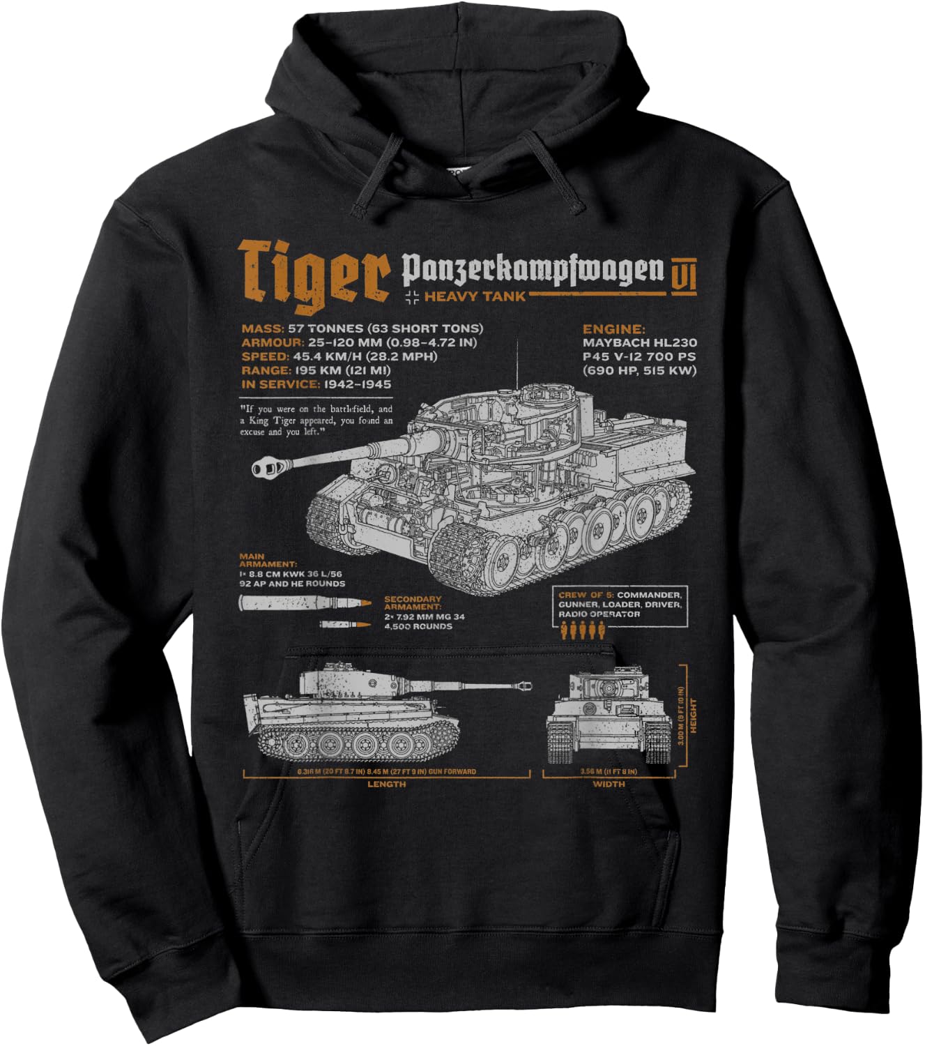 Tiger Tank Panzer PzKpfw VI World War 2 Blueprint Hoodie - Hoodie | Black