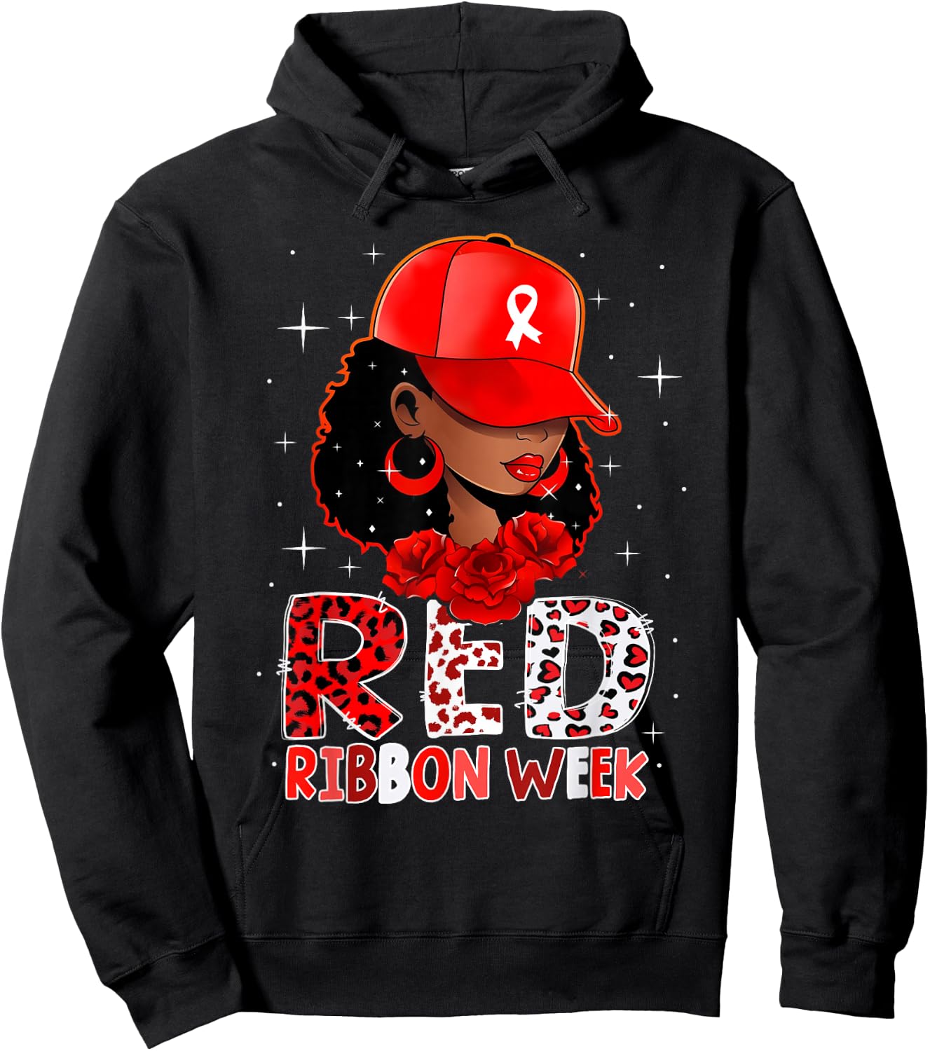 Black Girl Red Ribbon Week Leopard We Wear Red for Awareness Hoodie - Hoodie | Black