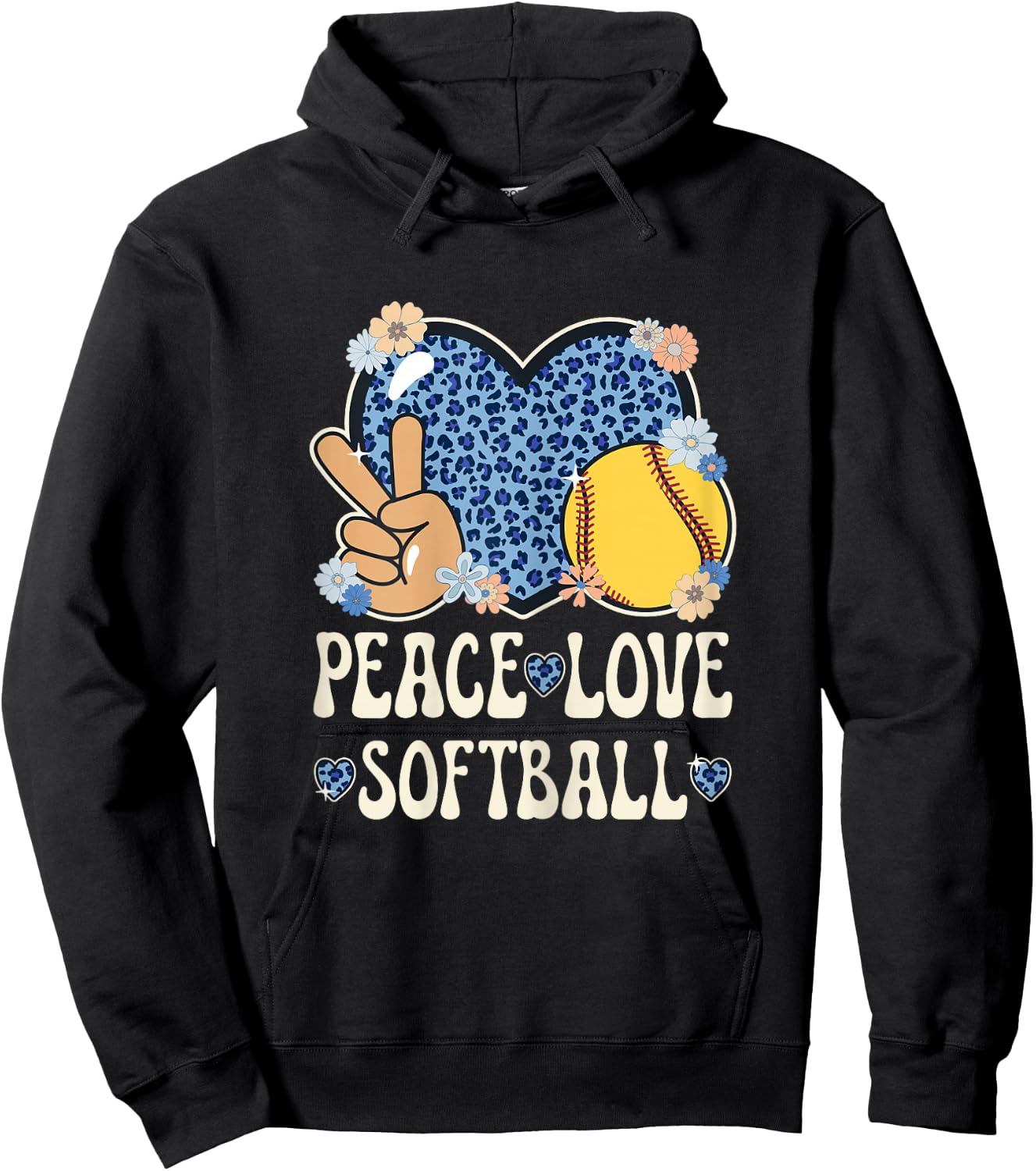Peace Love Softball Lover Leopard Print Girls Cute Softball Hoodie - Hoodie | Black
