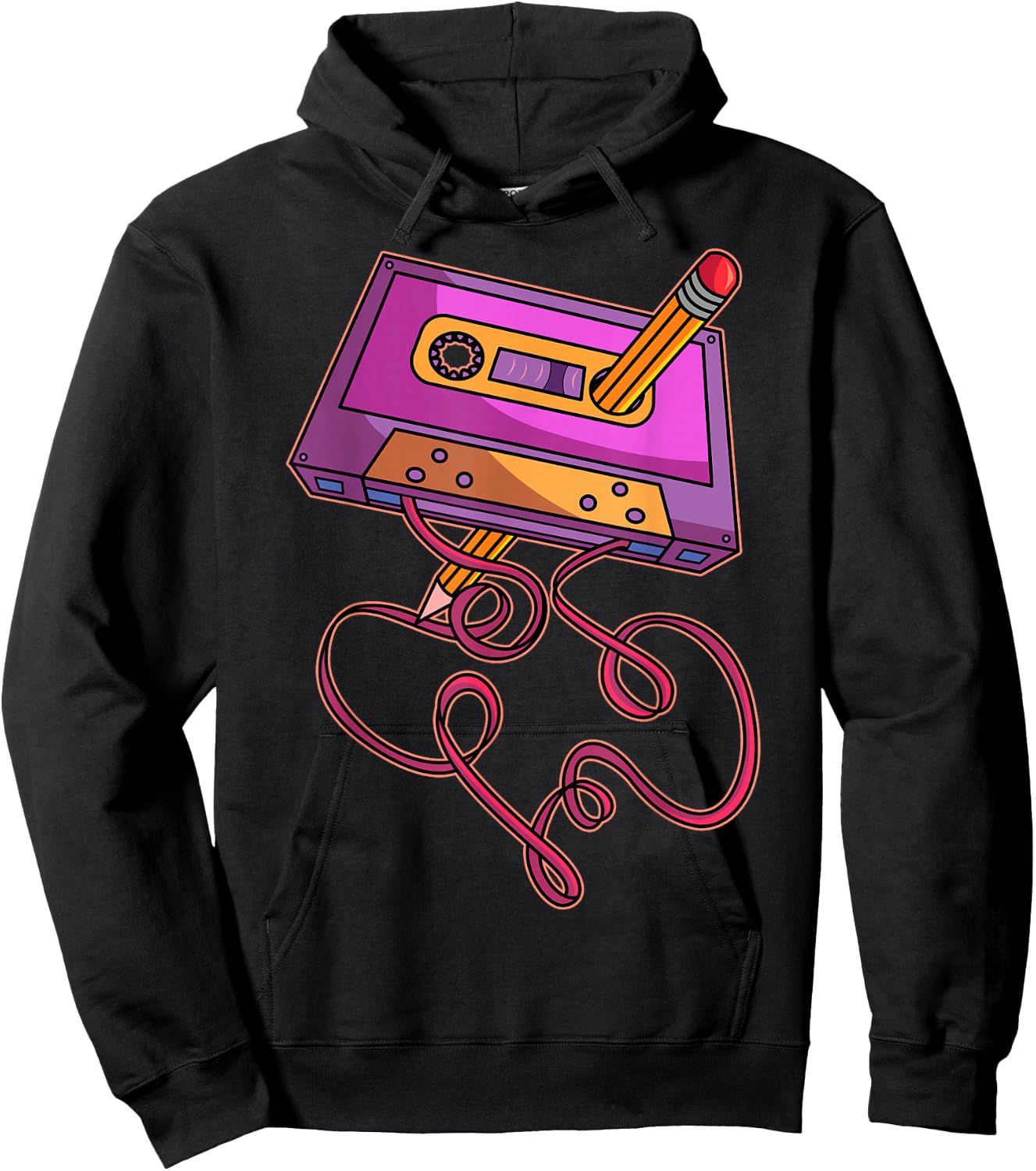 80s Cassette Tape Pencil 1980s Retro Vintage Throwback Music Short Sleeve Hoodie - Hoodie | Black