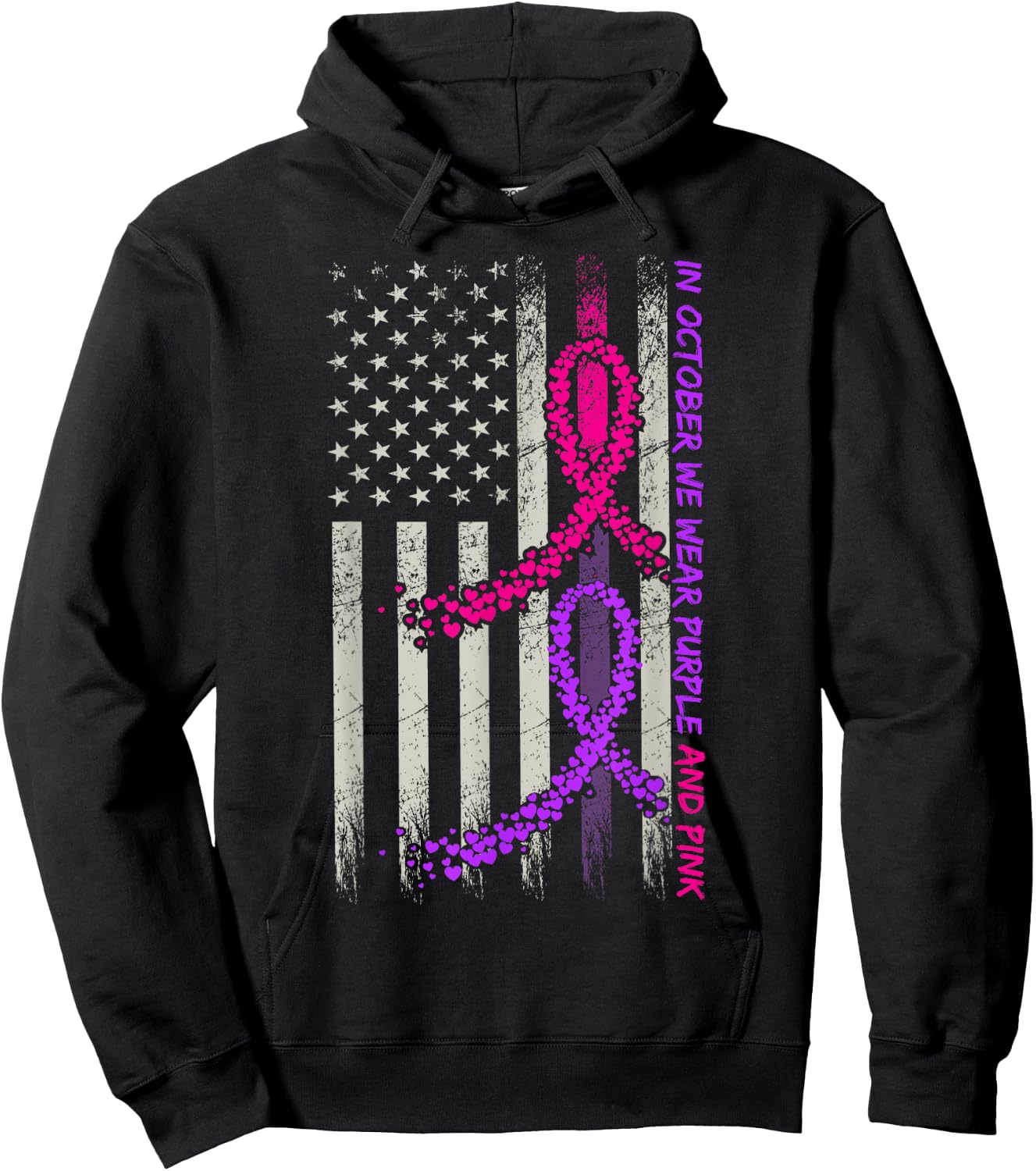 American Flag Breast Cancer and Domestic Violence Awareness Hoodie - Hoodie | Black