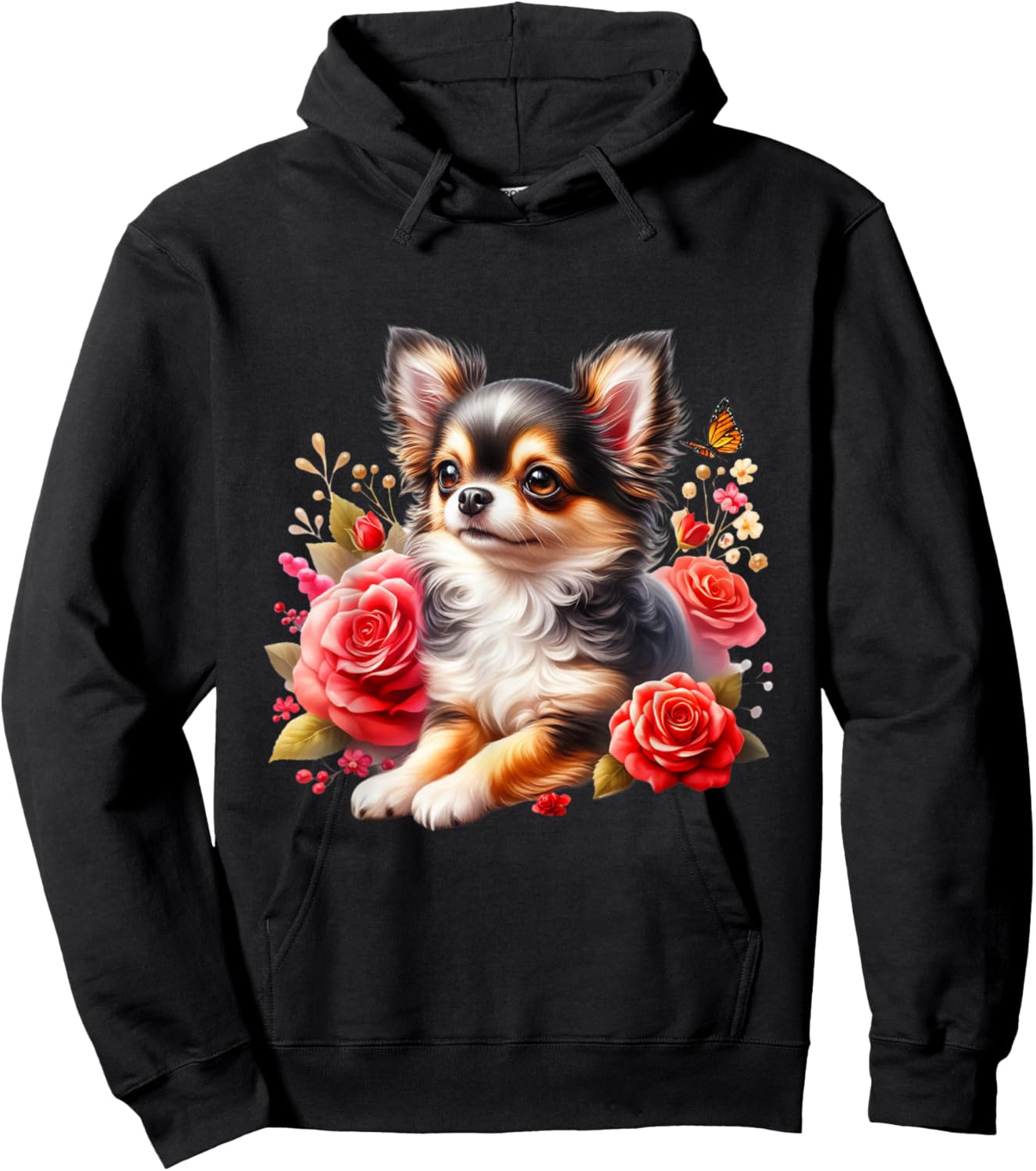 Chihuahua Floral Watercolor Long Hair Chihuahua , Black, S Hoodie - Hoodie | Black