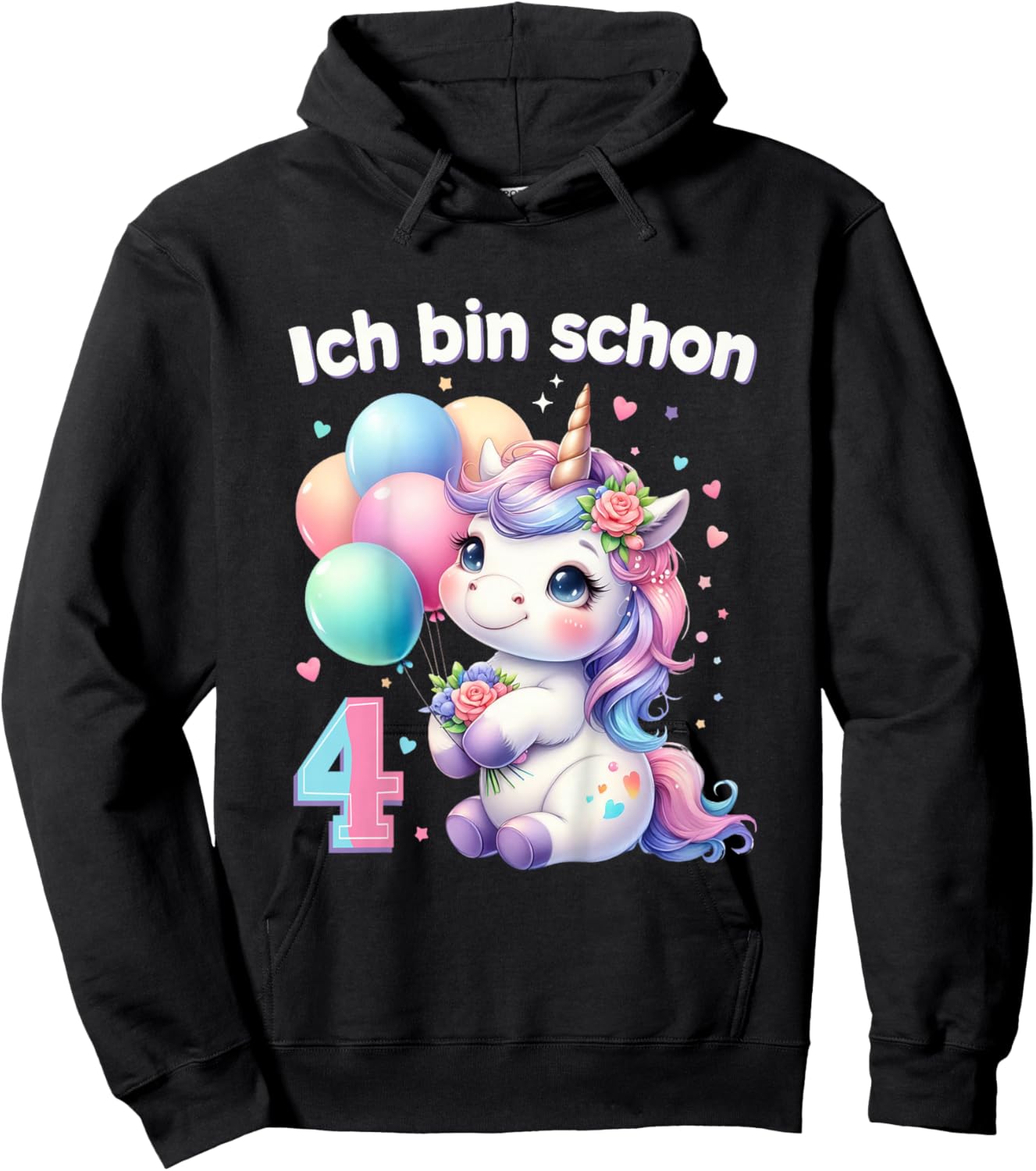 Children's 4th Birthday Girl 4 Years Unicorn Party Outfit Unicorn , black Hoodie - Hoodie | Black