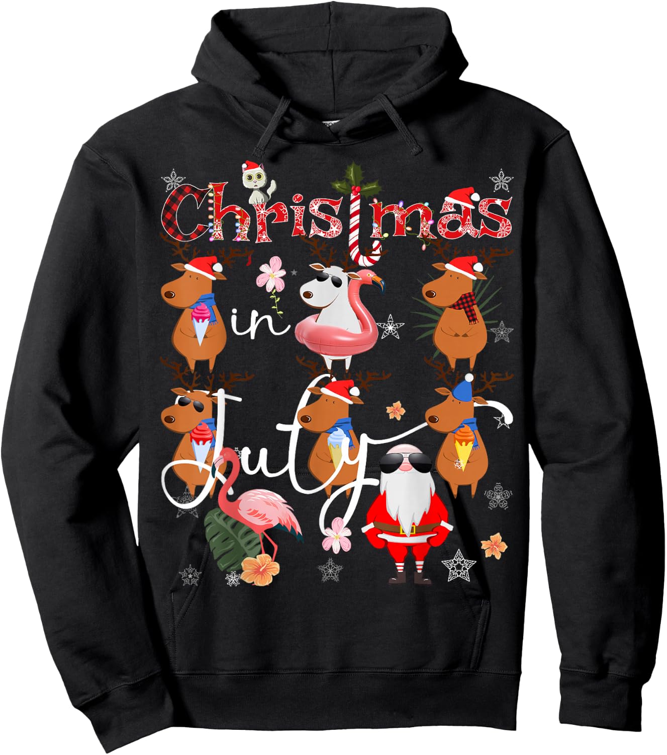 Christmas in July Funny Santa Reindeer Flamingos Summer Hoodie - Hoodie | Black