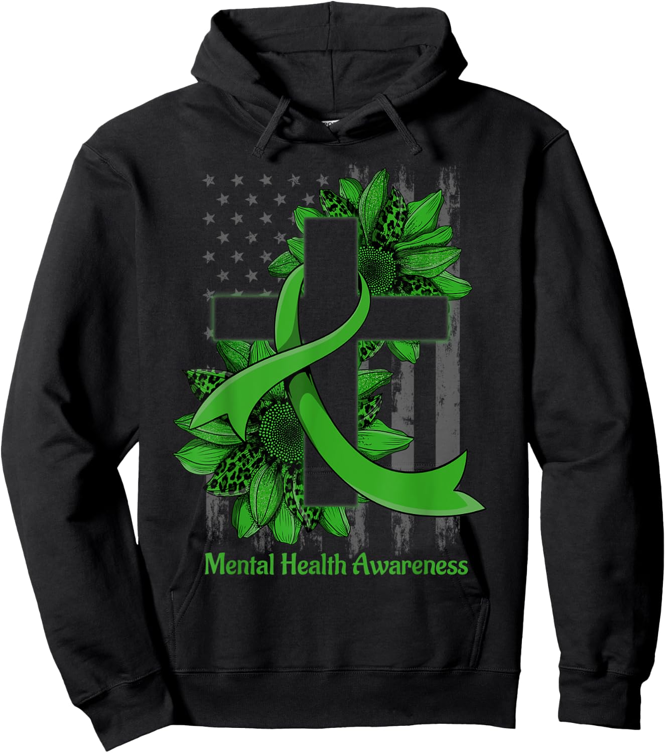 Green Sunflower Christian Cross Mental Health Awareness Hoodie - Hoodie | Black