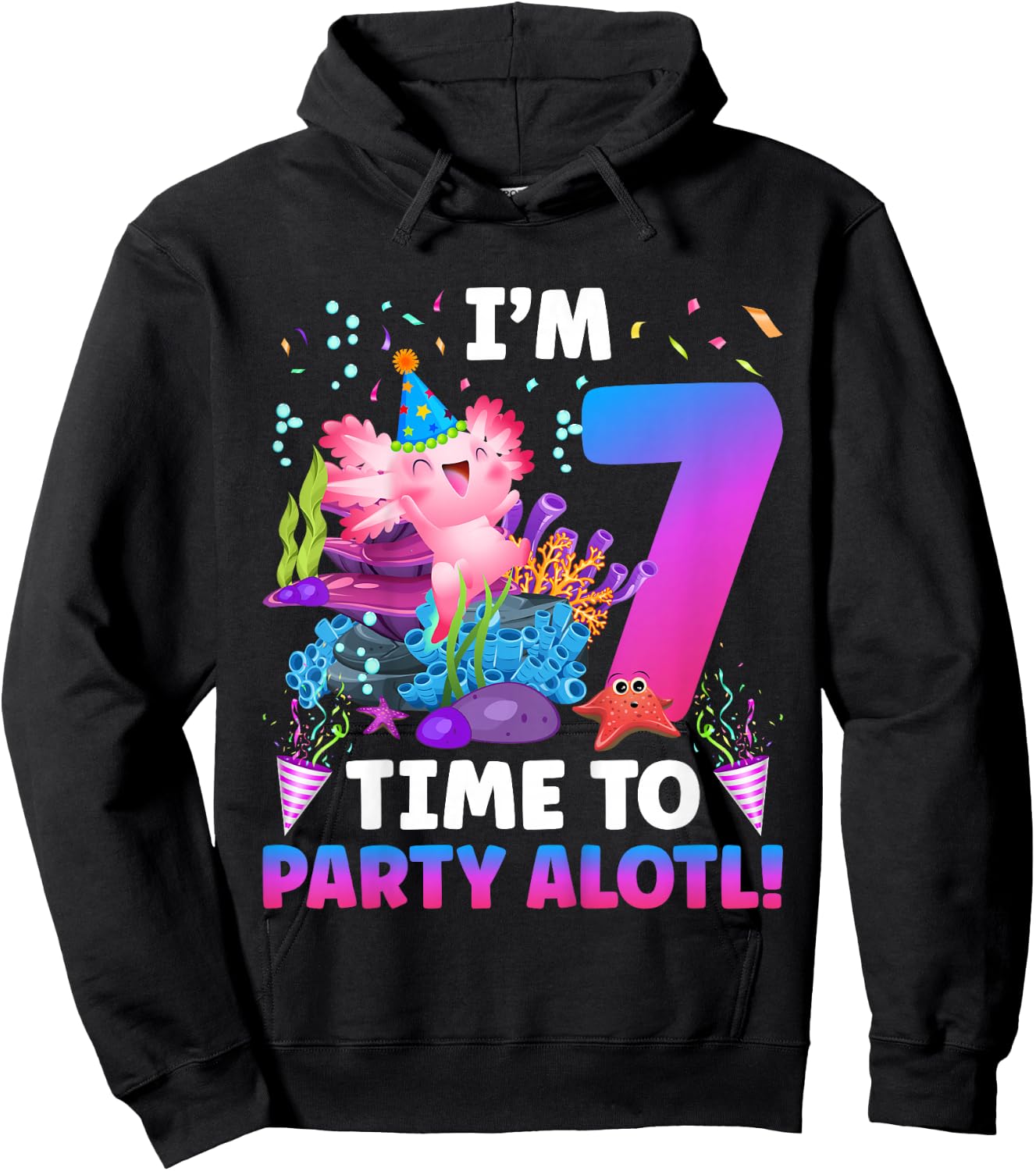 Kids 7th Axolotl Birthday Seven Year Old Axolotl Birthday Party Hoodie - Hoodie | Black