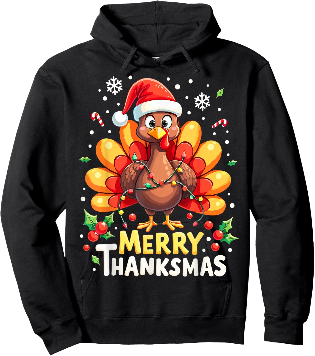 Turkey Santa Happy Merry Thanksmas Thanksgiving Christmas Hoodie - Hoodie | Black